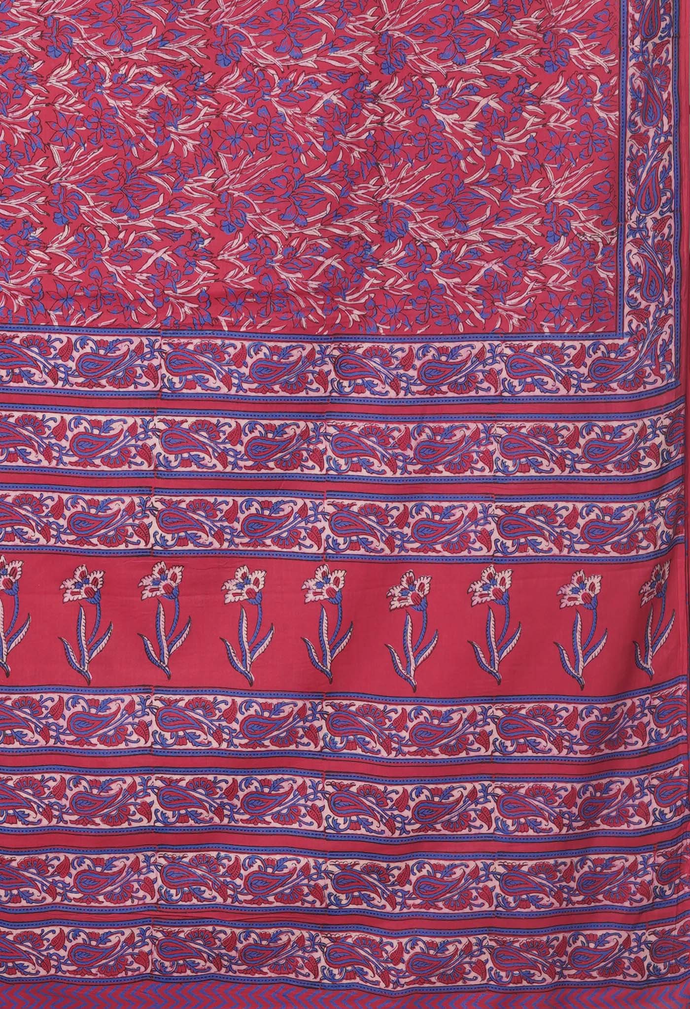 Red Pure Hand Block Printed Soft Cotton Saree-UNM81423