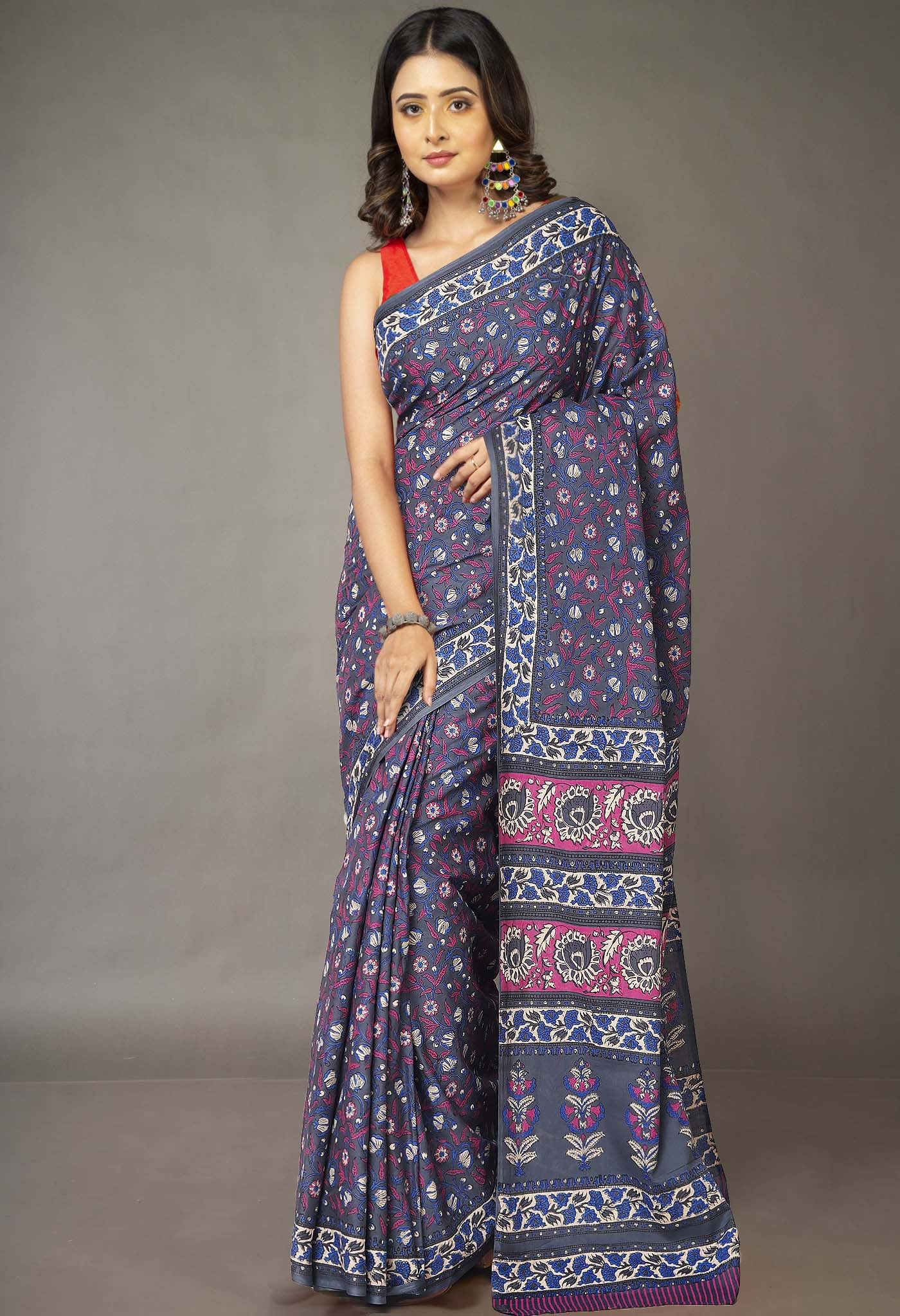 Grey Pure Hand Block Printed Soft Cotton Saree-UNM81424