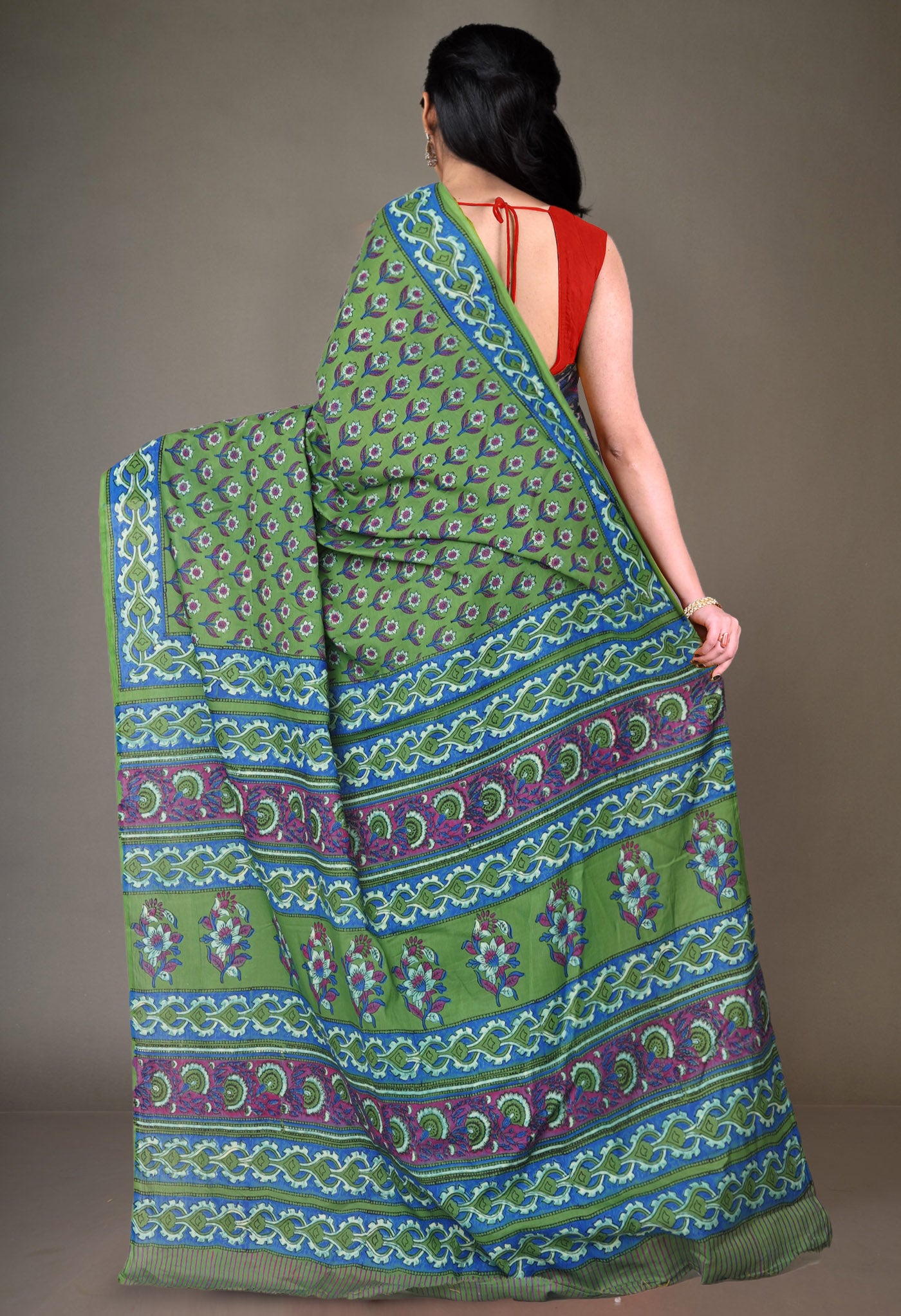 Green Pure Hand Block Printed Soft Cotton Saree-UNM81427