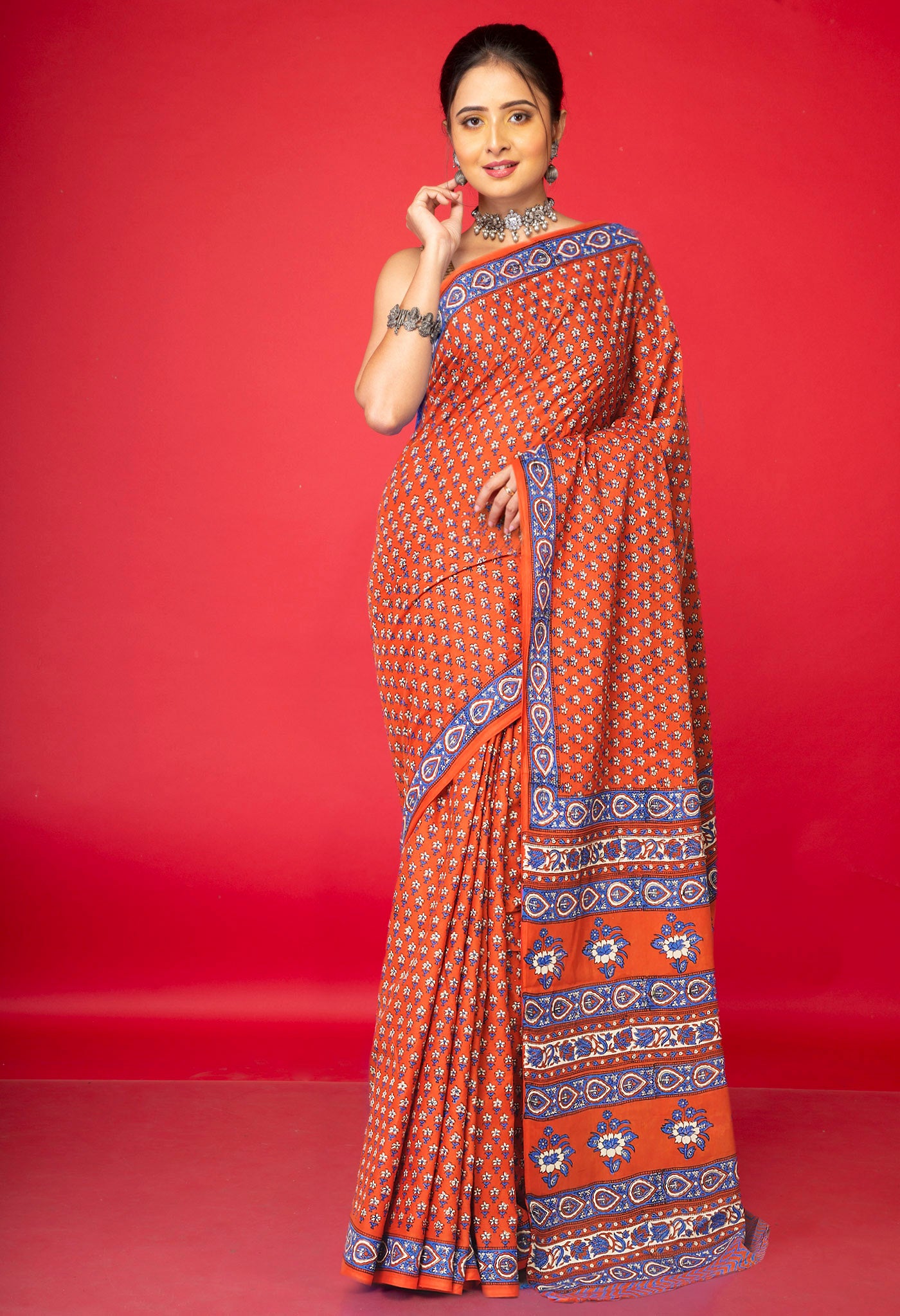 Orange Pure Hand Block Printed Soft Cotton Saree-UNM81428