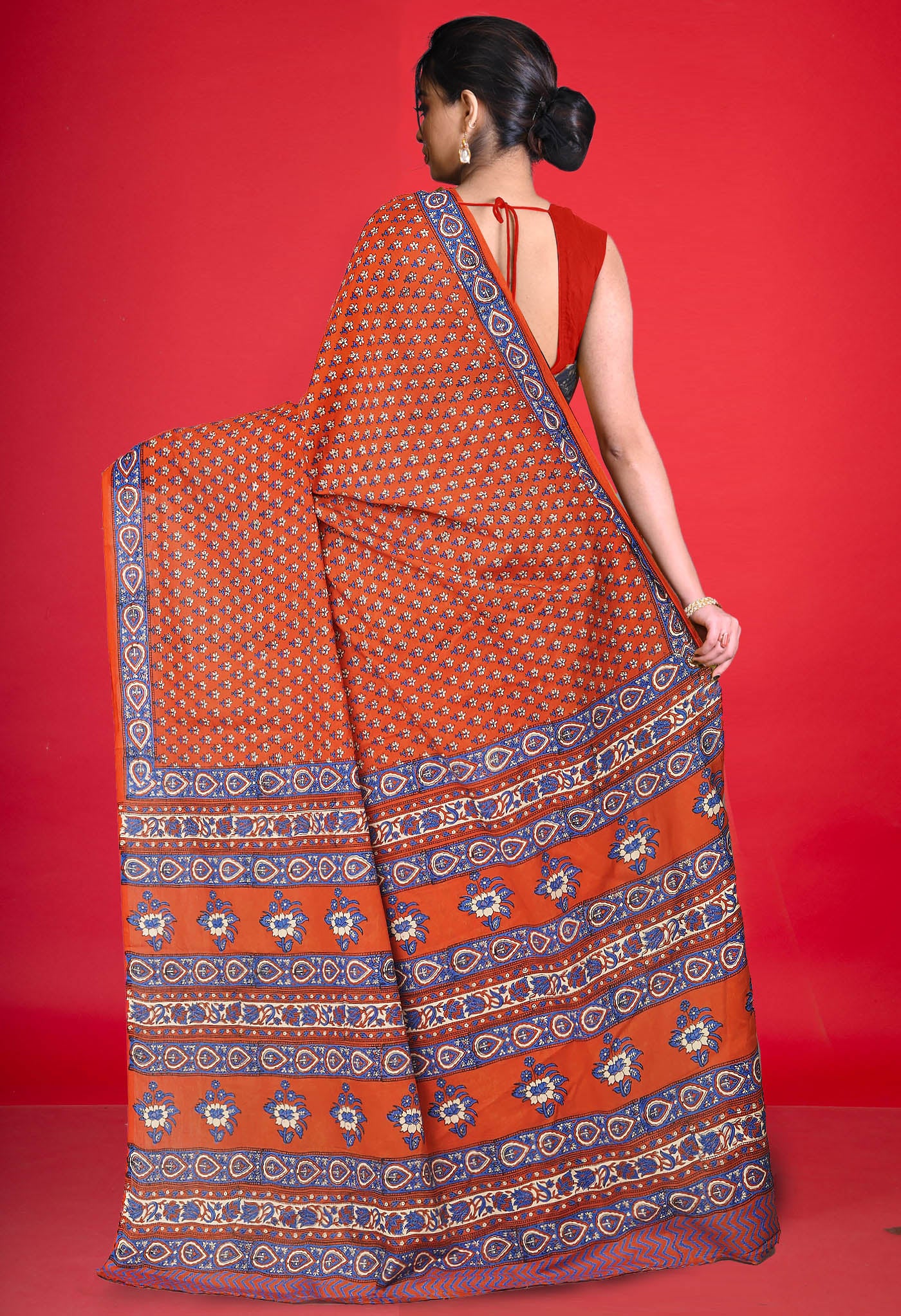 Orange Pure Hand Block Printed Soft Cotton Saree-UNM81428