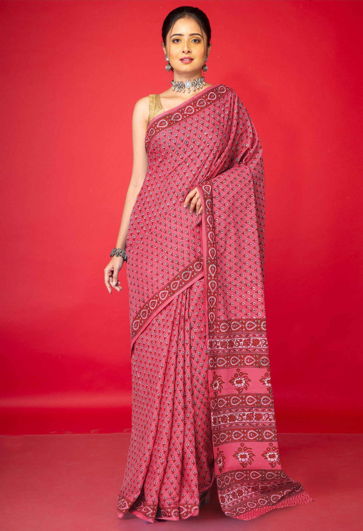 Pink Pure Hand Block Printed Soft Cotton Saree-UNM81430