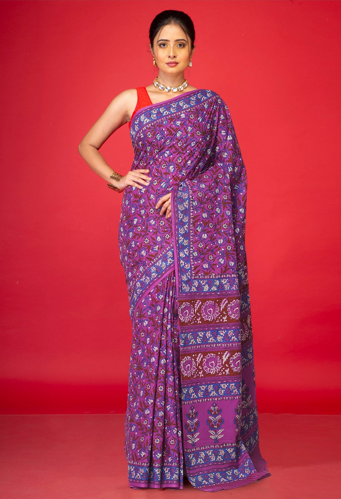 Purple Pure Hand Block Printed Soft Cotton Saree-UNM81432