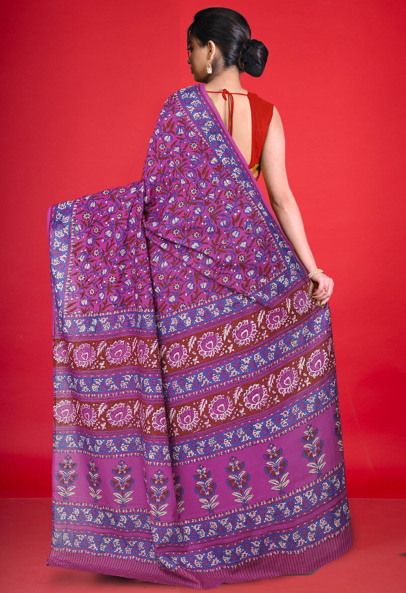 Purple Pure Hand Block Printed Soft Cotton Saree-UNM81432