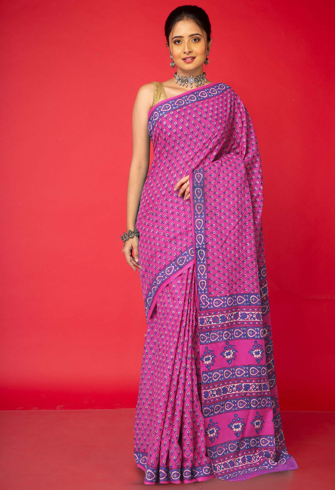 Pink Pure Hand Block Printed Soft Cotton Saree-UNM81433