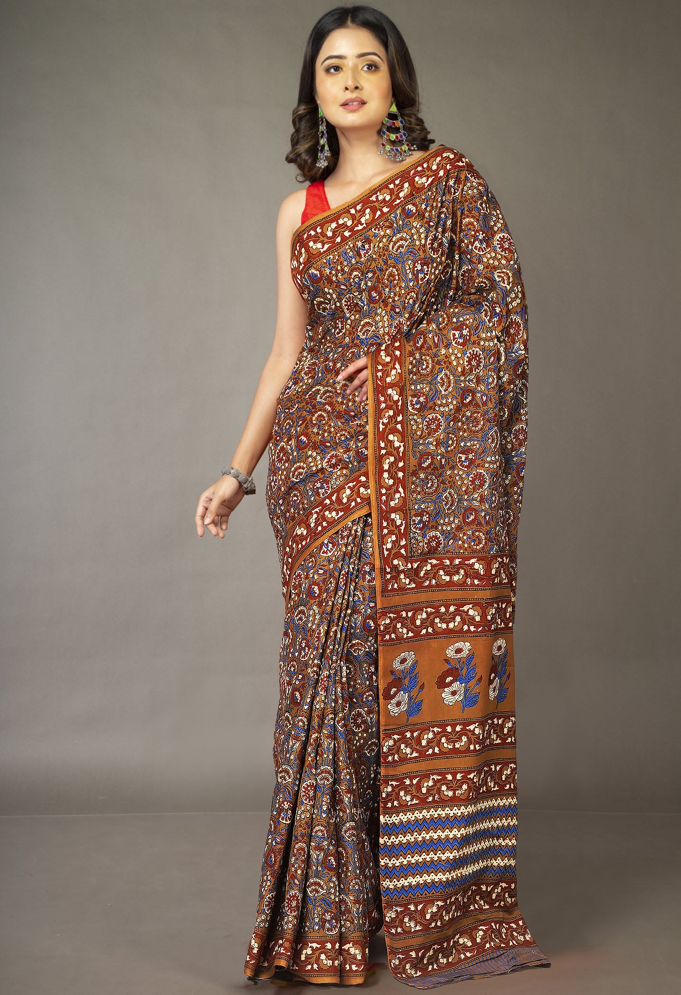 Brown Pure Hand Block Printed Soft Cotton Saree-UNM81434