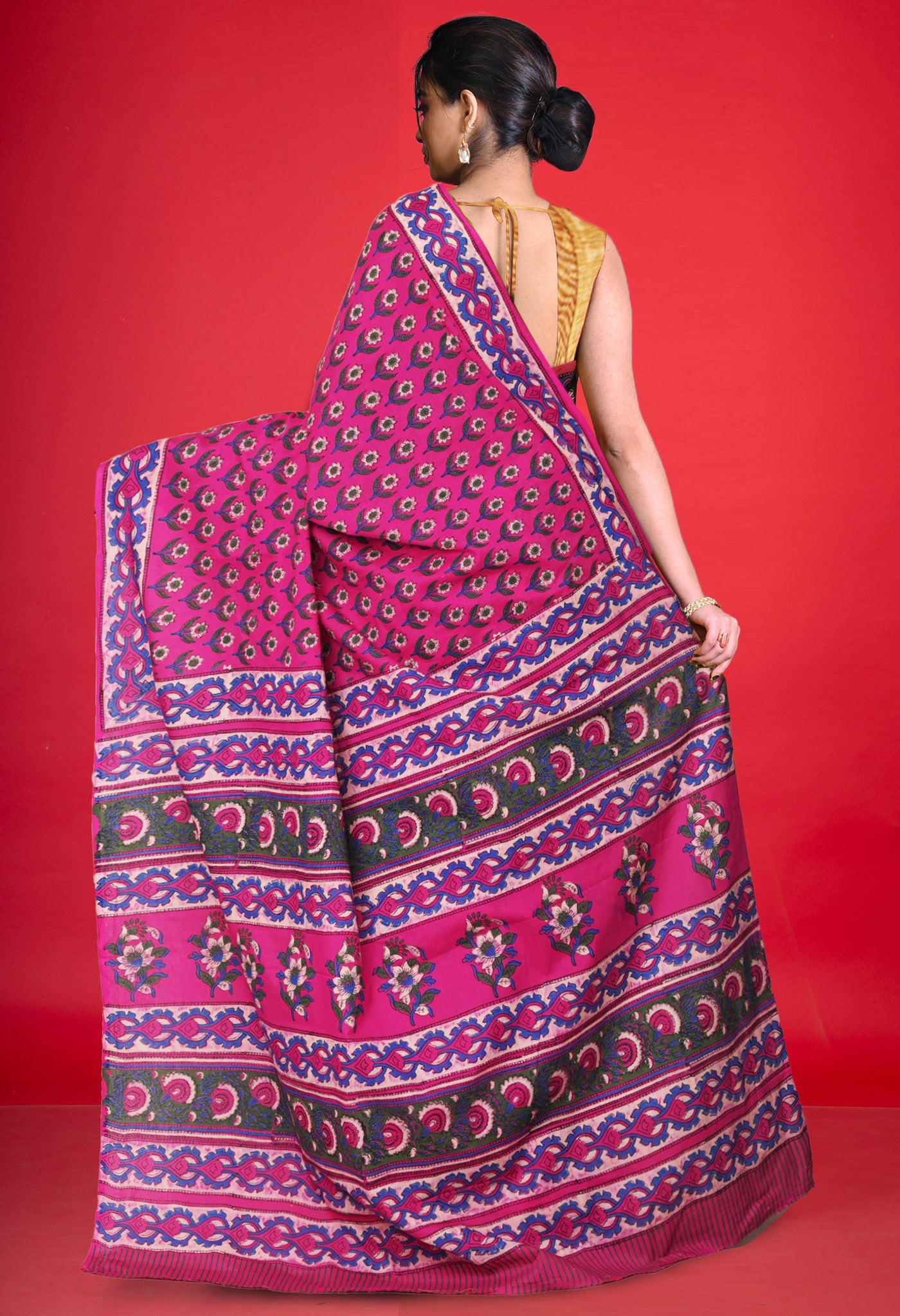 Pink Pure Hand Block Printed Soft Cotton Saree-UNM81436