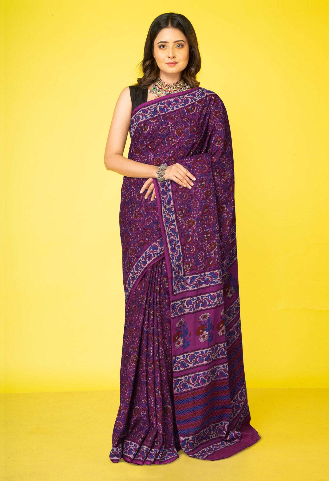 Purple Pure Hand Block Printed Soft Cotton Saree-UNM81437