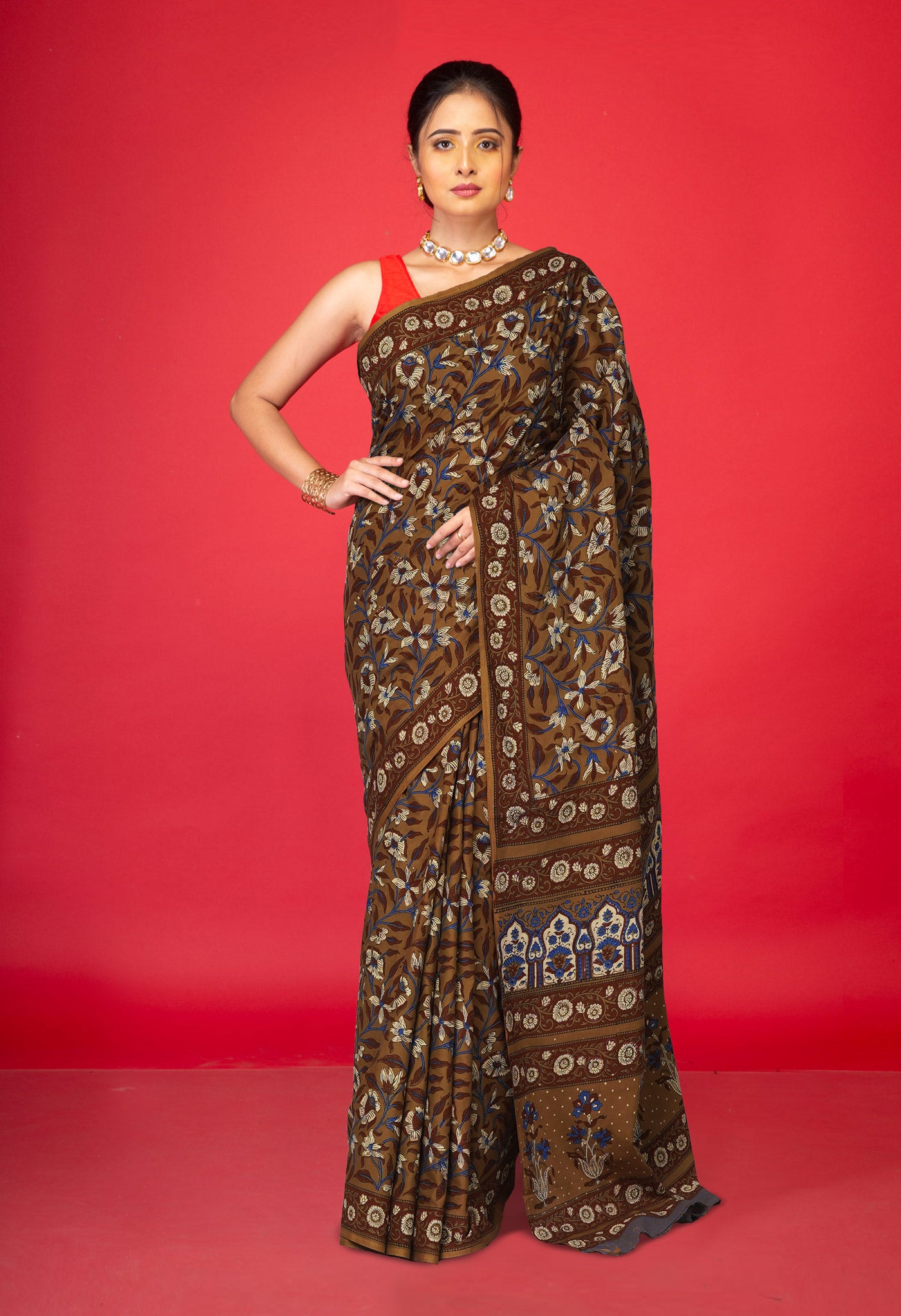 Brown Pure Hand Block Printed Soft Cotton Saree-UNM81438