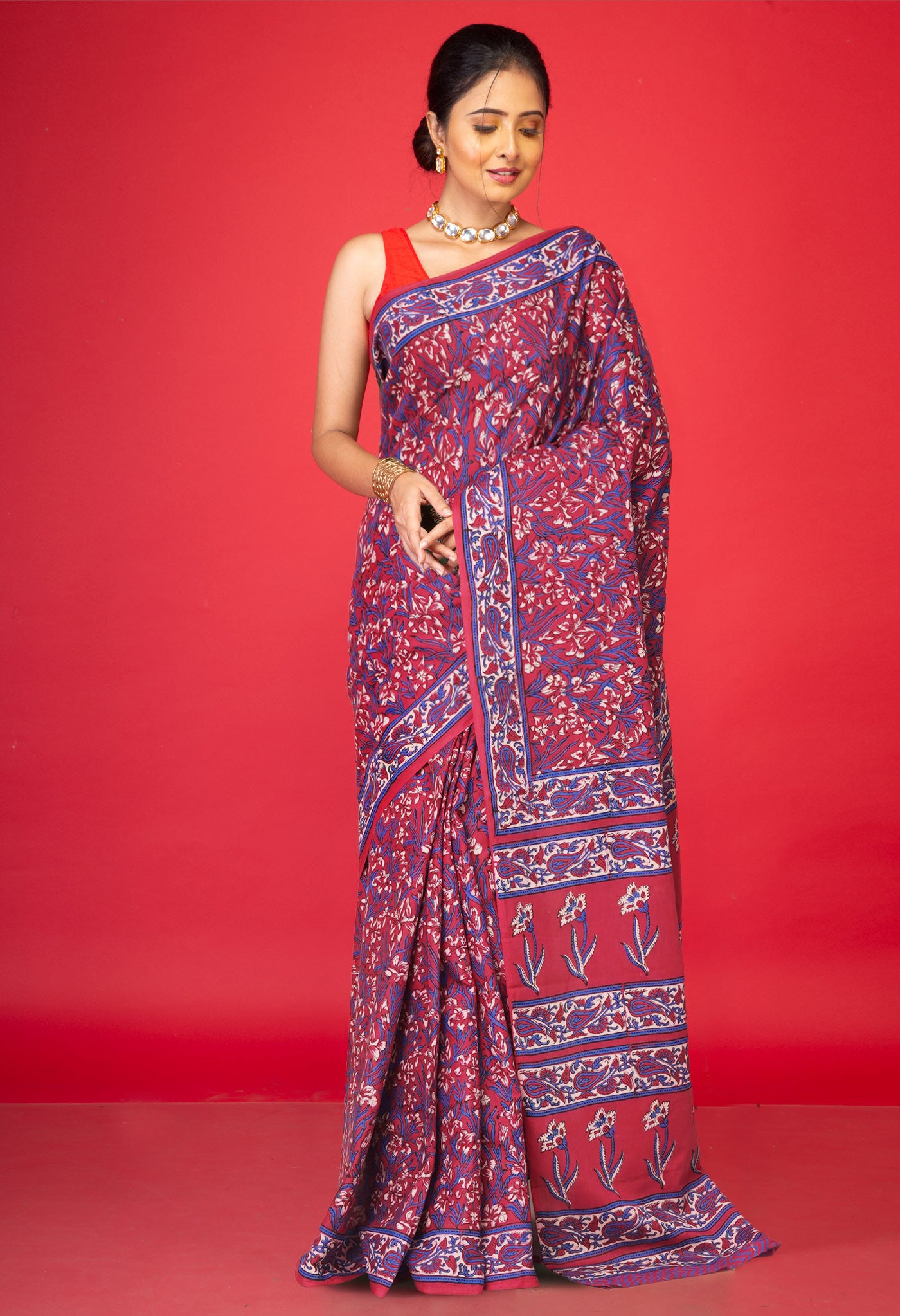 Red Pure Hand Block Printed Soft Cotton Saree-UNM81439