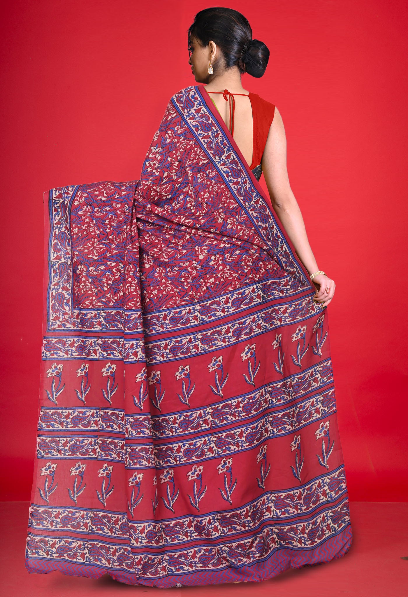 Red Pure Hand Block Printed Soft Cotton Saree-UNM81439