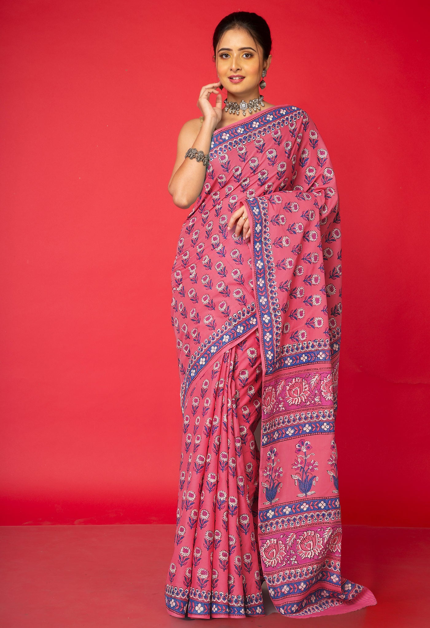 Pink Pure Hand Block Printed Soft Cotton Saree-UNM81441