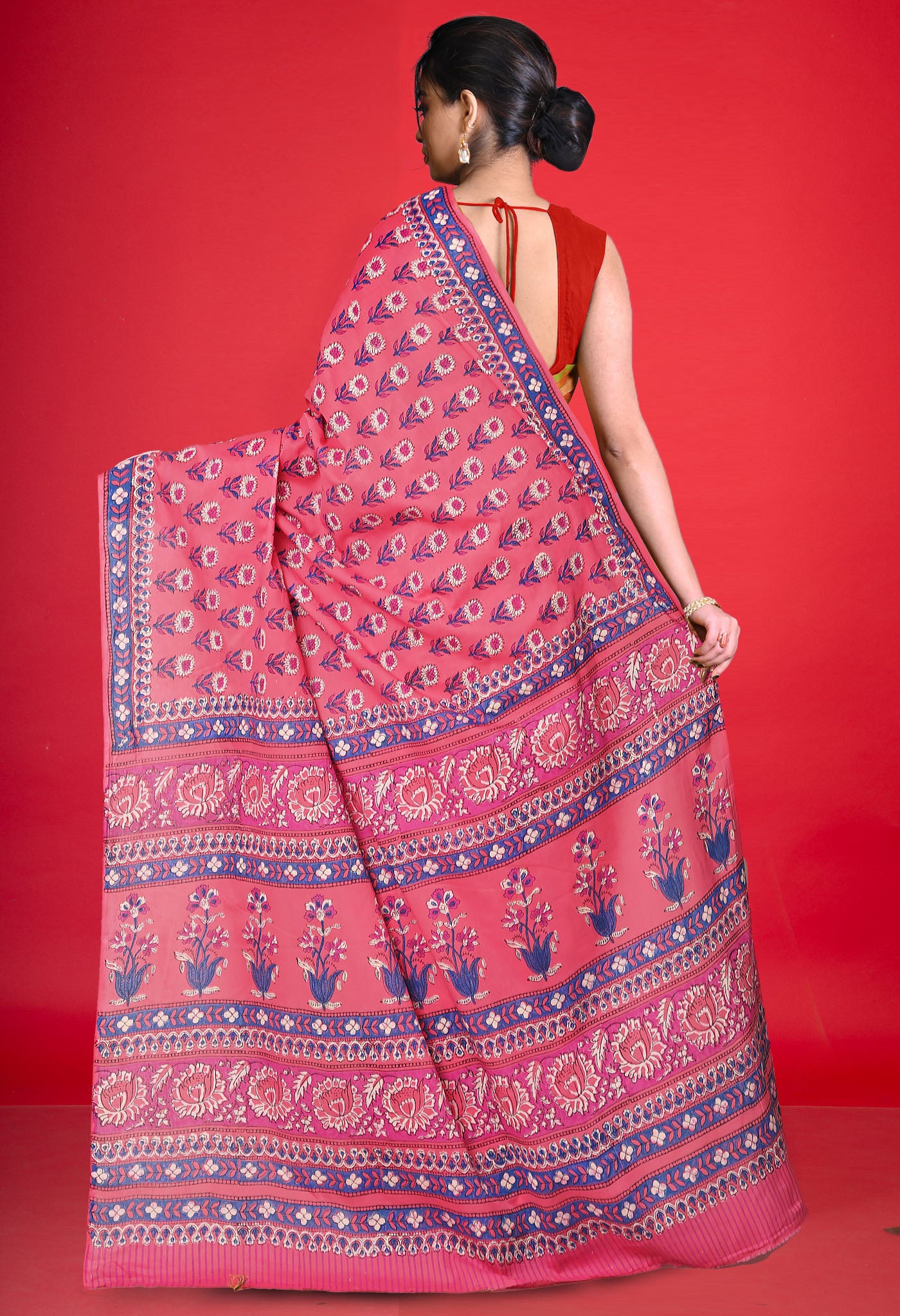 Pink Pure Hand Block Printed Soft Cotton Saree-UNM81441