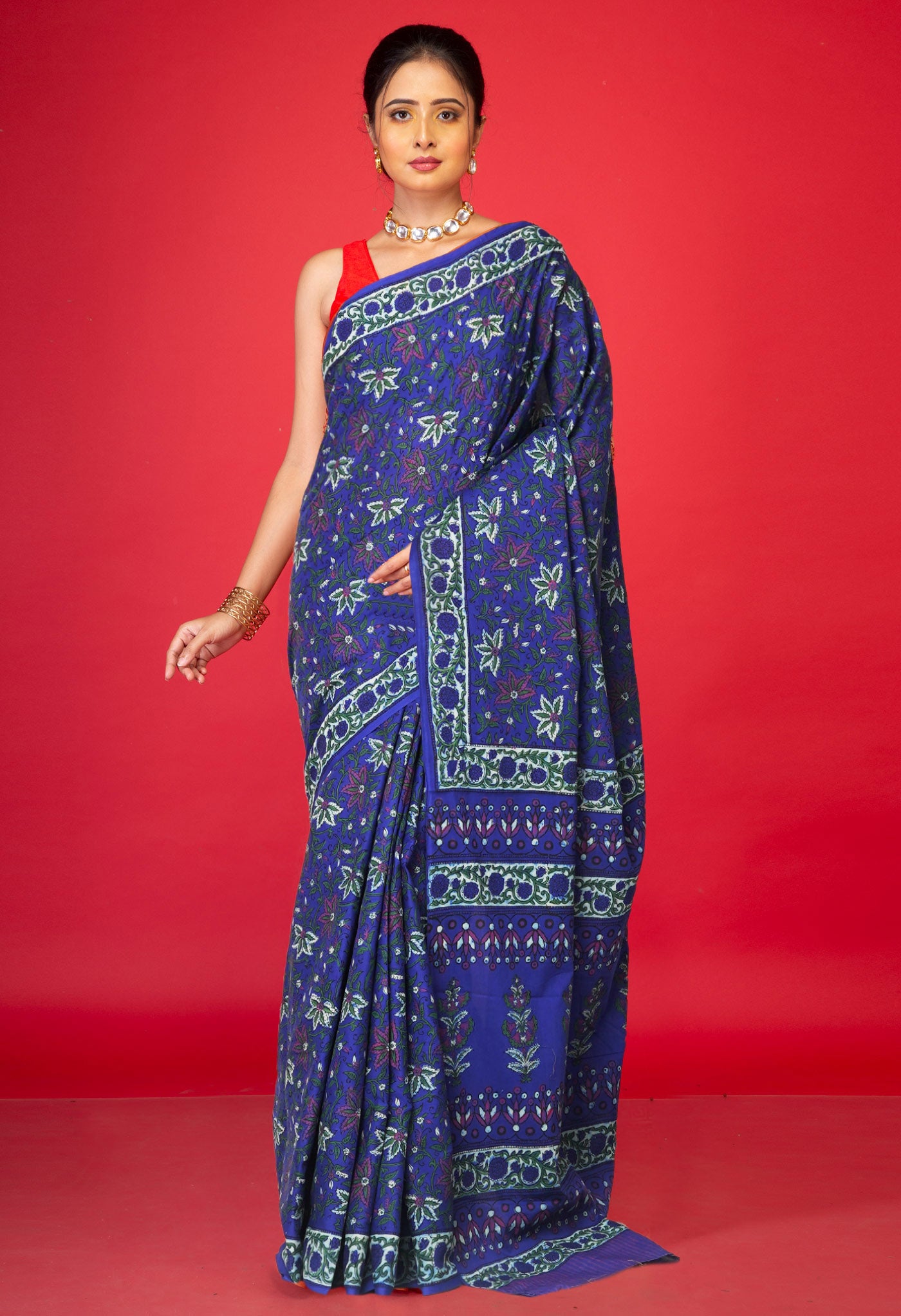 Blue Pure Hand Block Printed Soft Cotton Saree-UNM81442