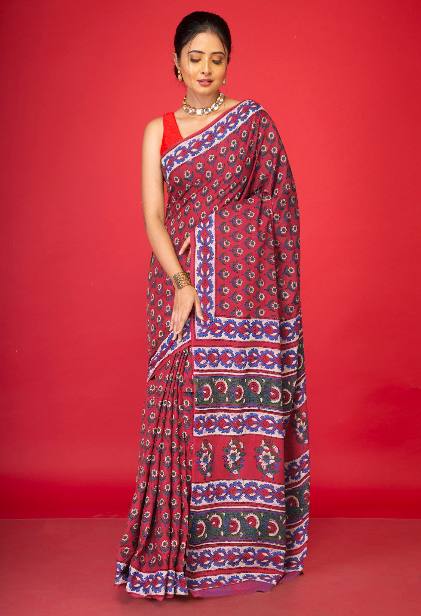 Red Pure Hand Block Printed Soft Cotton Saree-UNM81444