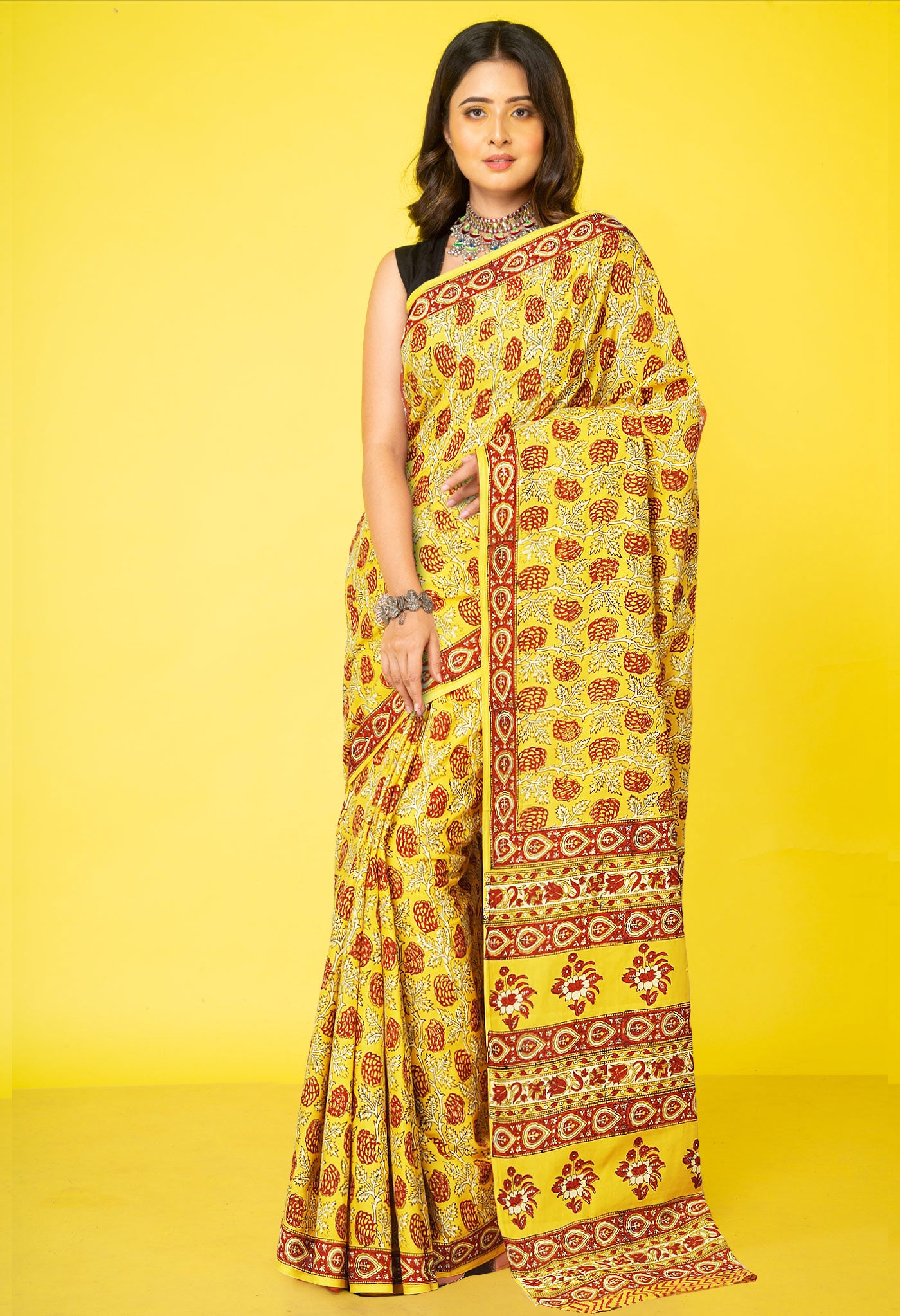 Yellow Pure Hand Block Printed Soft Cotton Saree-UNM81445