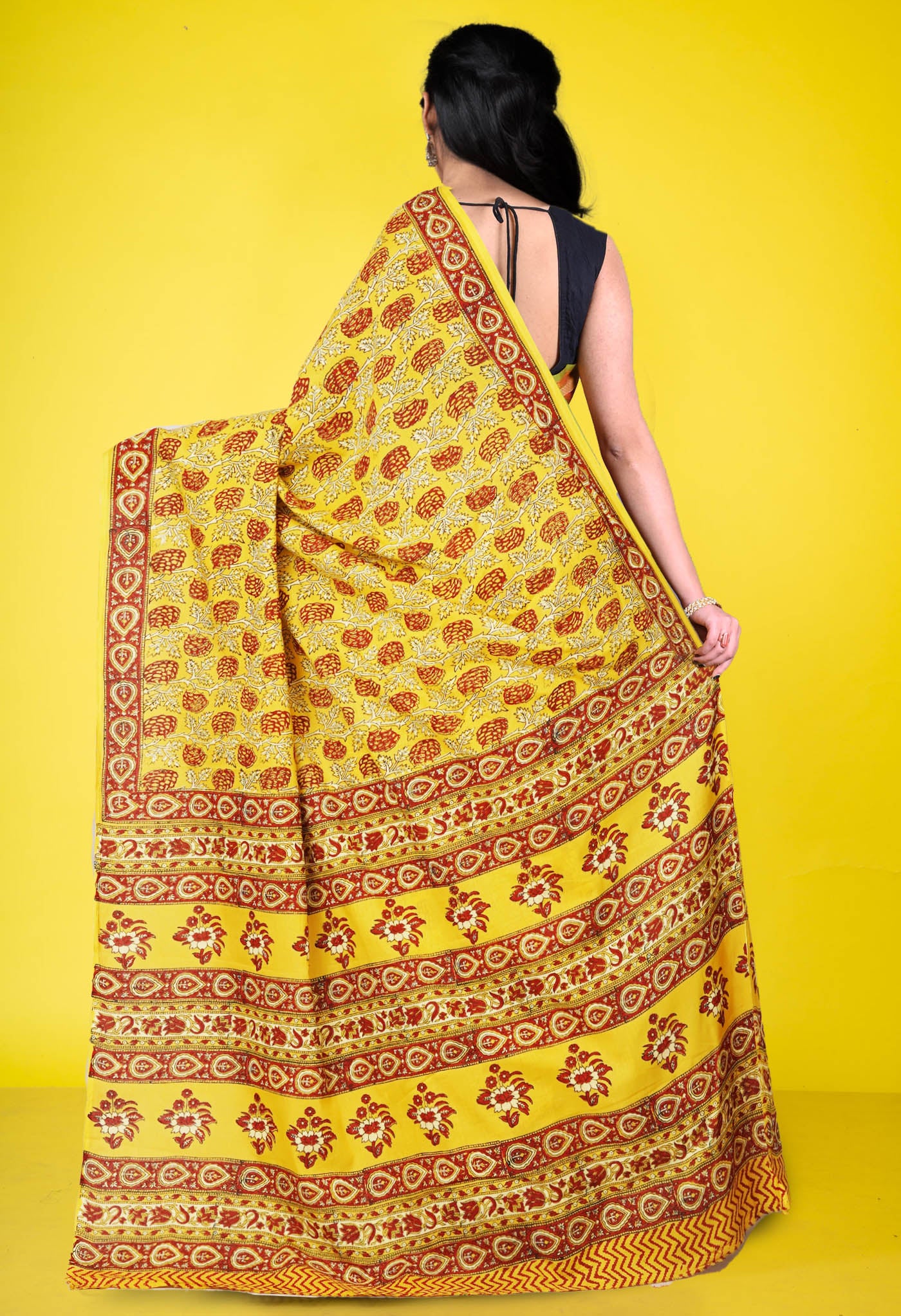 Yellow Pure Hand Block Printed Soft Cotton Saree-UNM81445