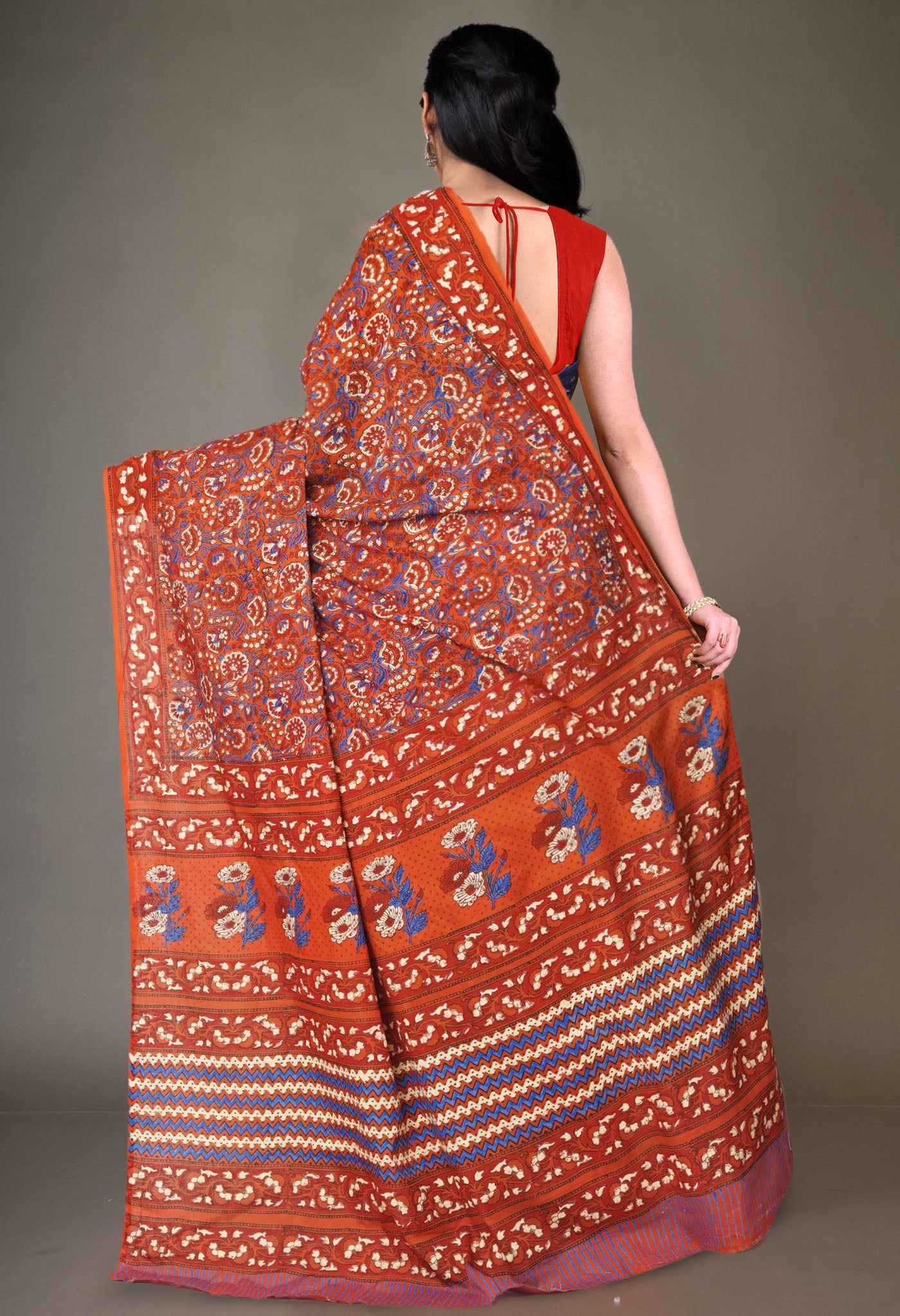 Orange Pure Hand Block Printed Soft Cotton Saree-UNM81446