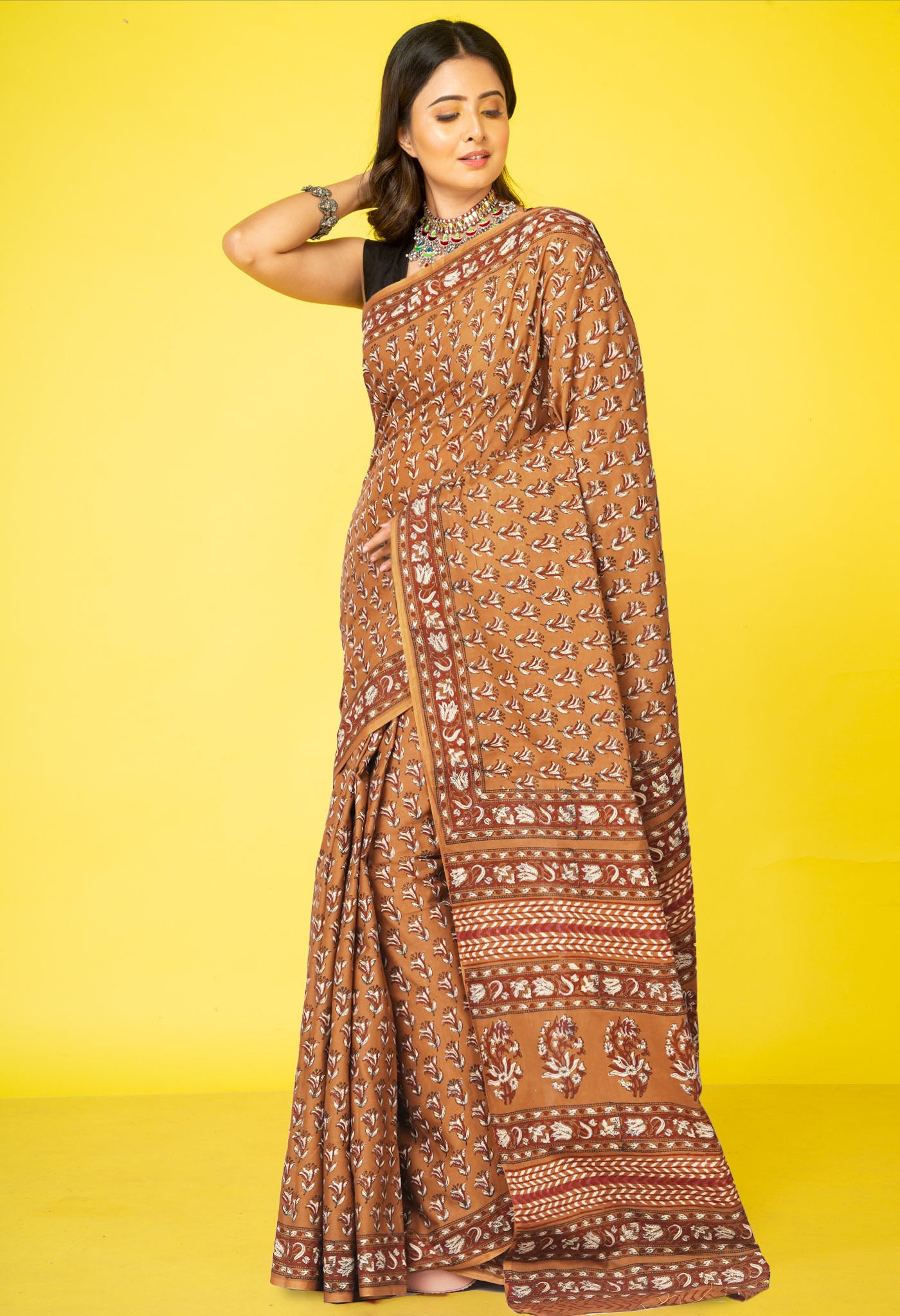 Brown Pure Hand Block Printed Soft Cotton Saree-UNM81447