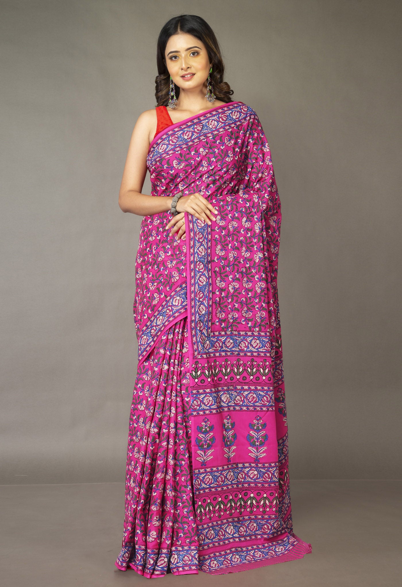 Pink Pure Hand Block Printed Soft Cotton Saree-UNM81450