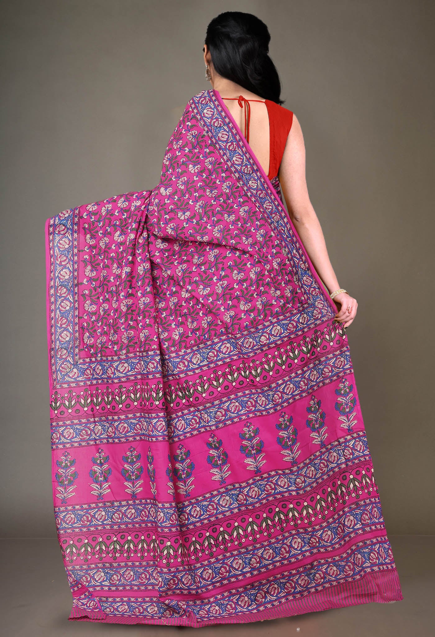 Pink Pure Hand Block Printed Soft Cotton Saree-UNM81450