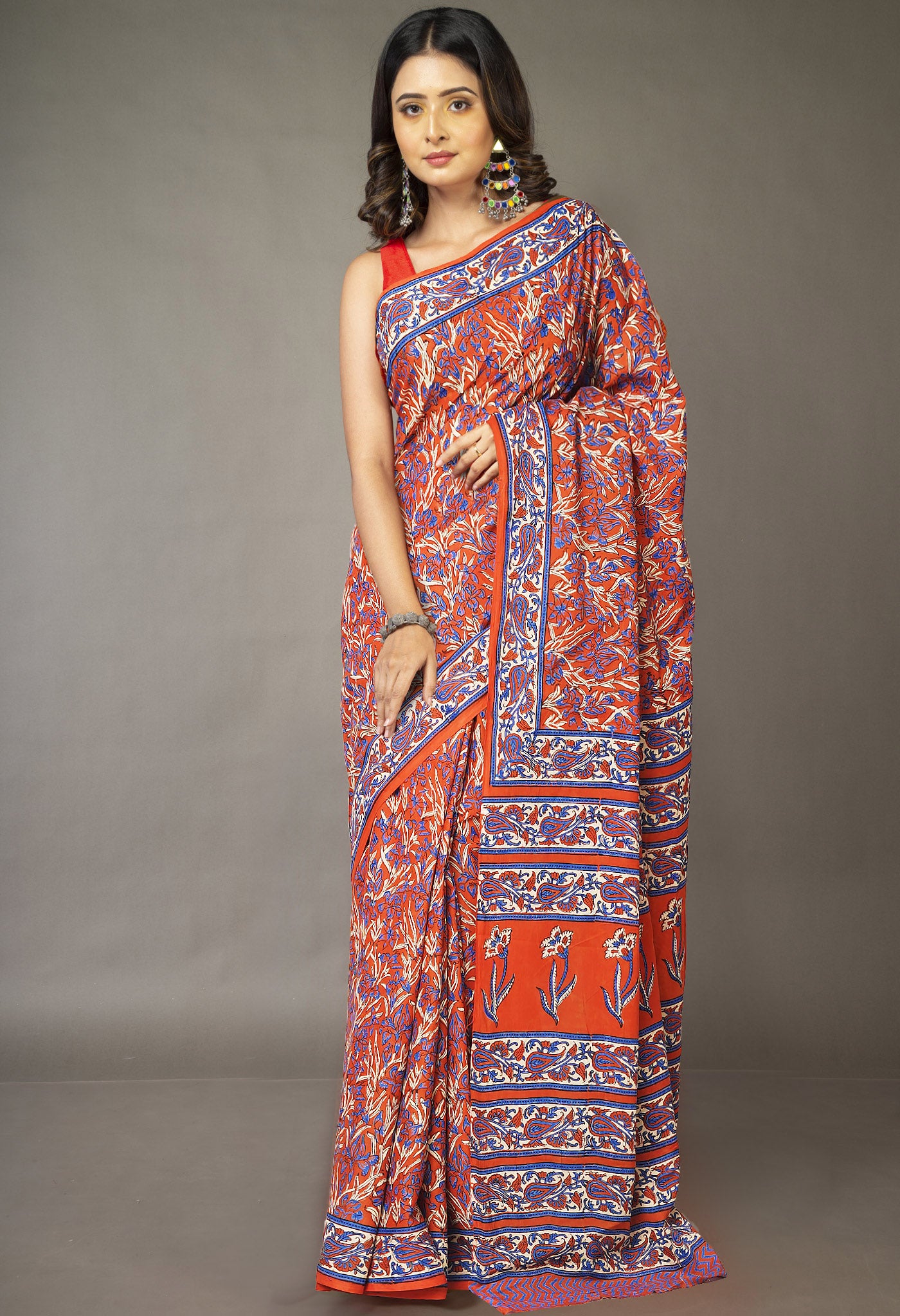 Orange Pure Hand Block Printed Soft Cotton Saree-UNM81451