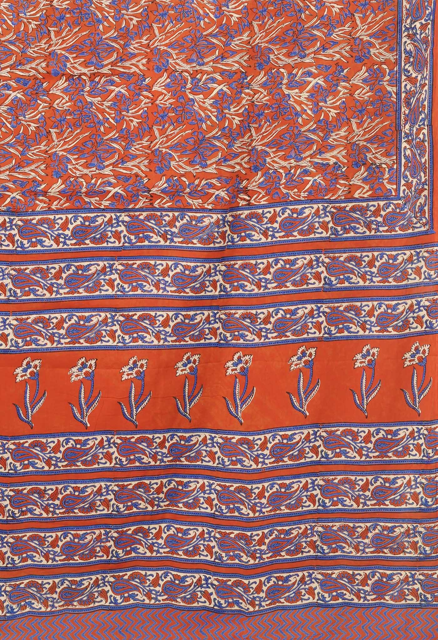 Orange Pure Hand Block Printed Soft Cotton Saree-UNM81451