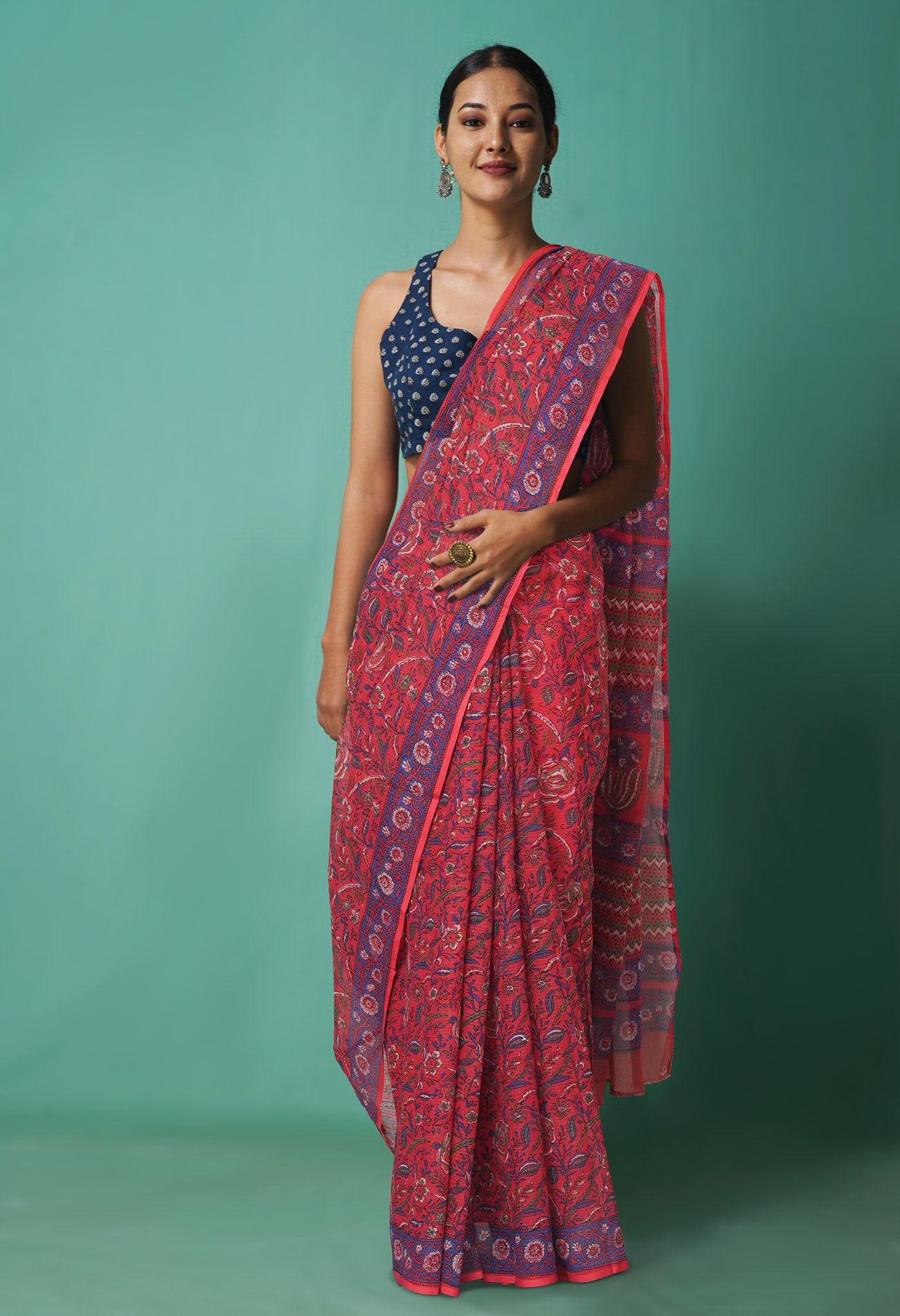 Red Pure Hand Block Printed Kota Saree-UNM81453