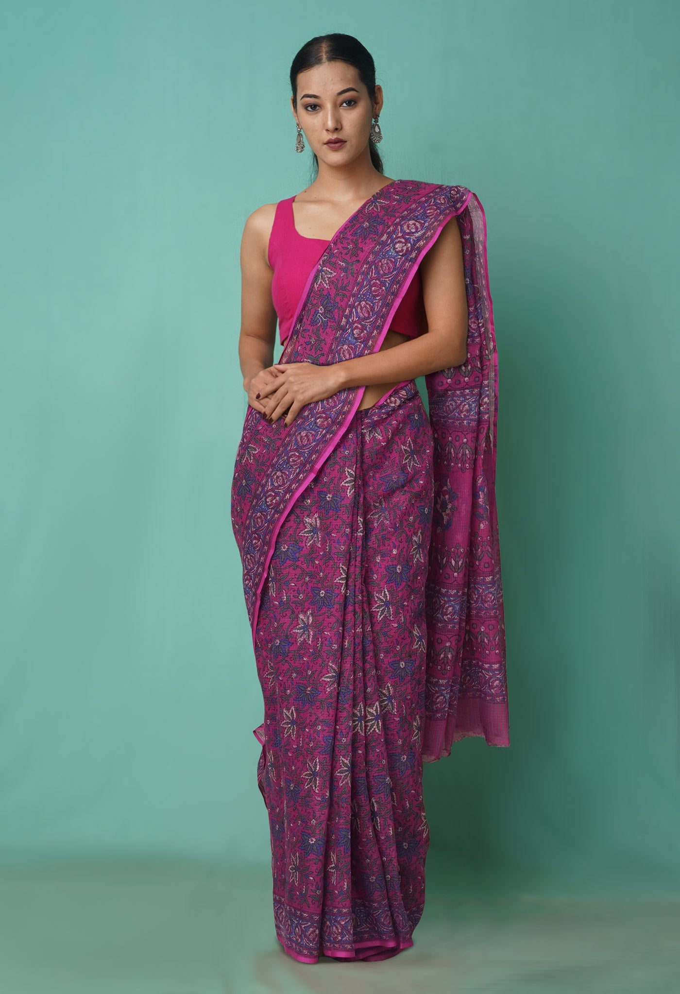 Pink Pure Hand Block Printed Kota Saree-UNM81454