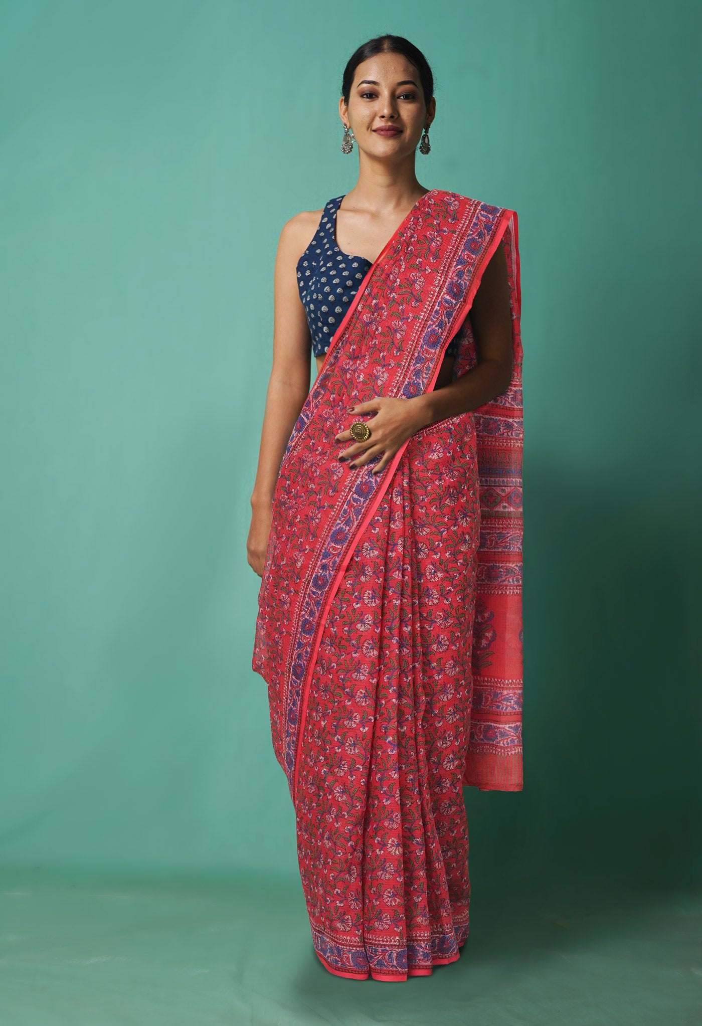 Red Pure Hand Block Printed Kota Saree-UNM81455