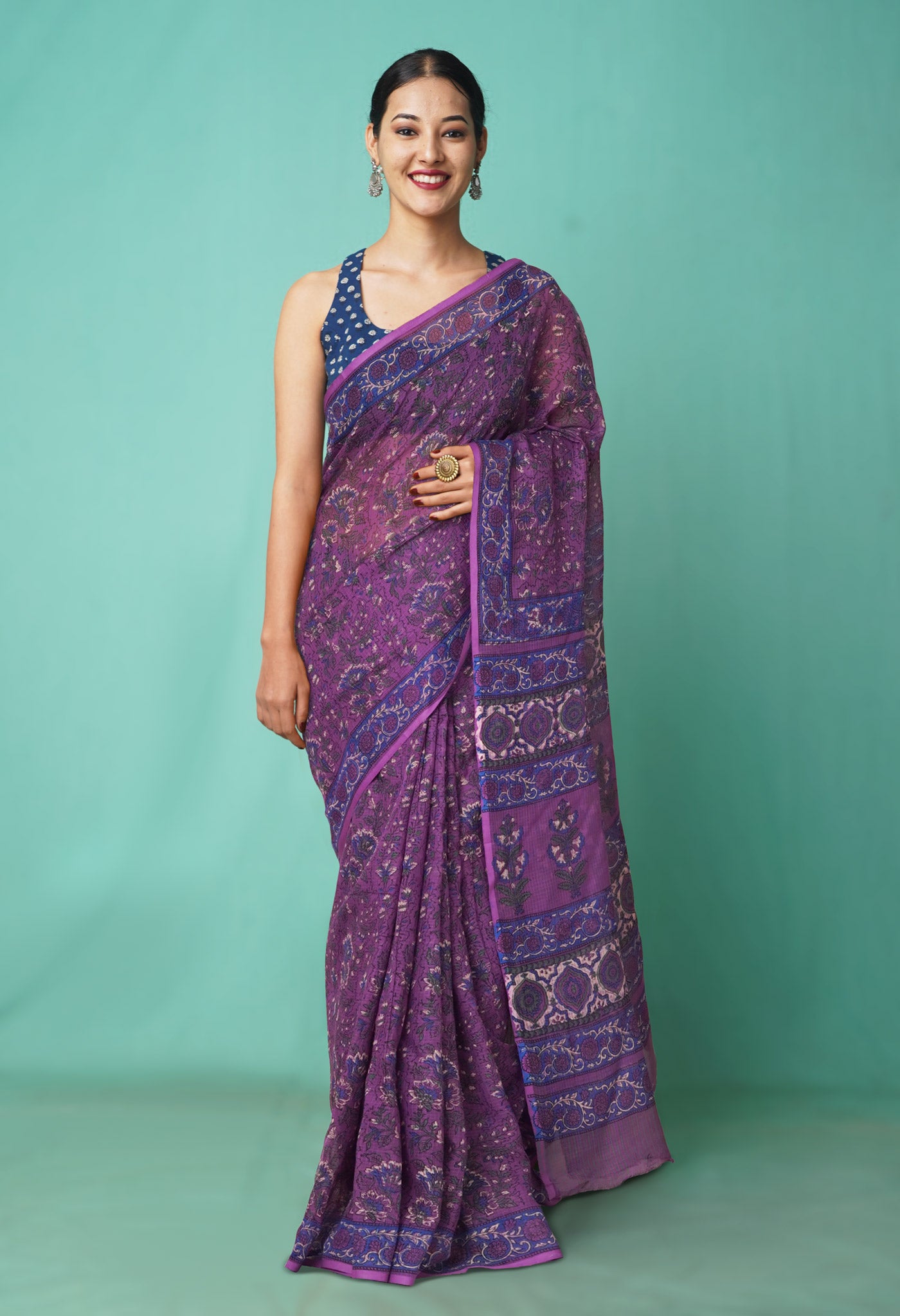 Purple Pure Hand Block Printed Kota Saree-UNM81457