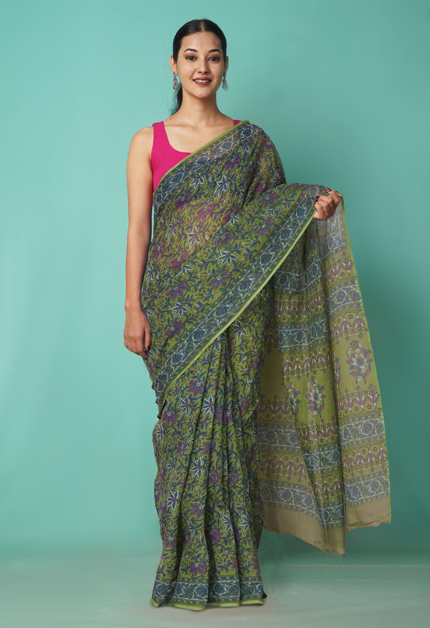 Green Pure Hand Block Printed Kota Saree-UNM81458