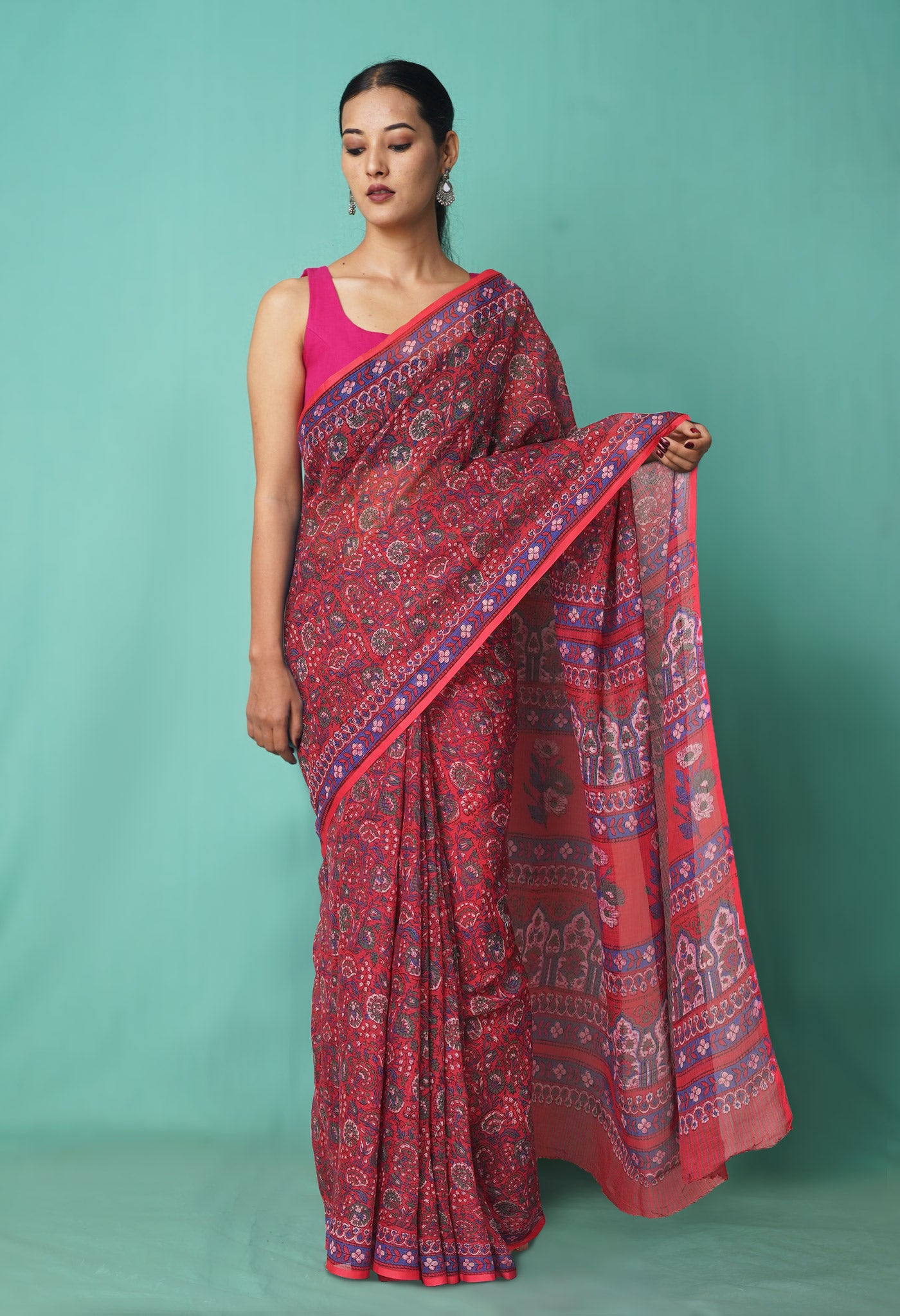 Red Pure Hand Block Printed Kota Saree-UNM81459