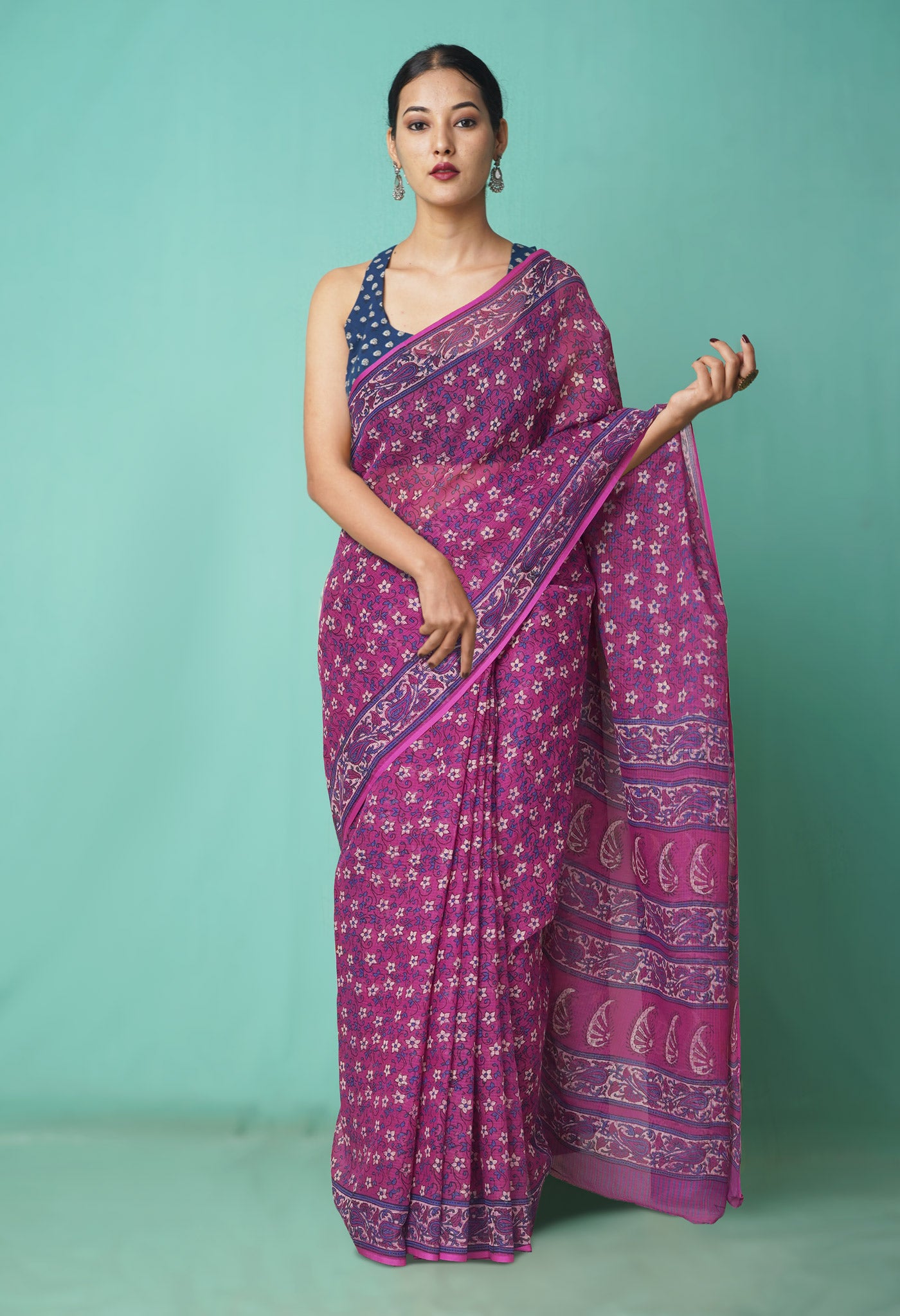 Pink Pure Hand Block Printed Kota Saree-UNM81460