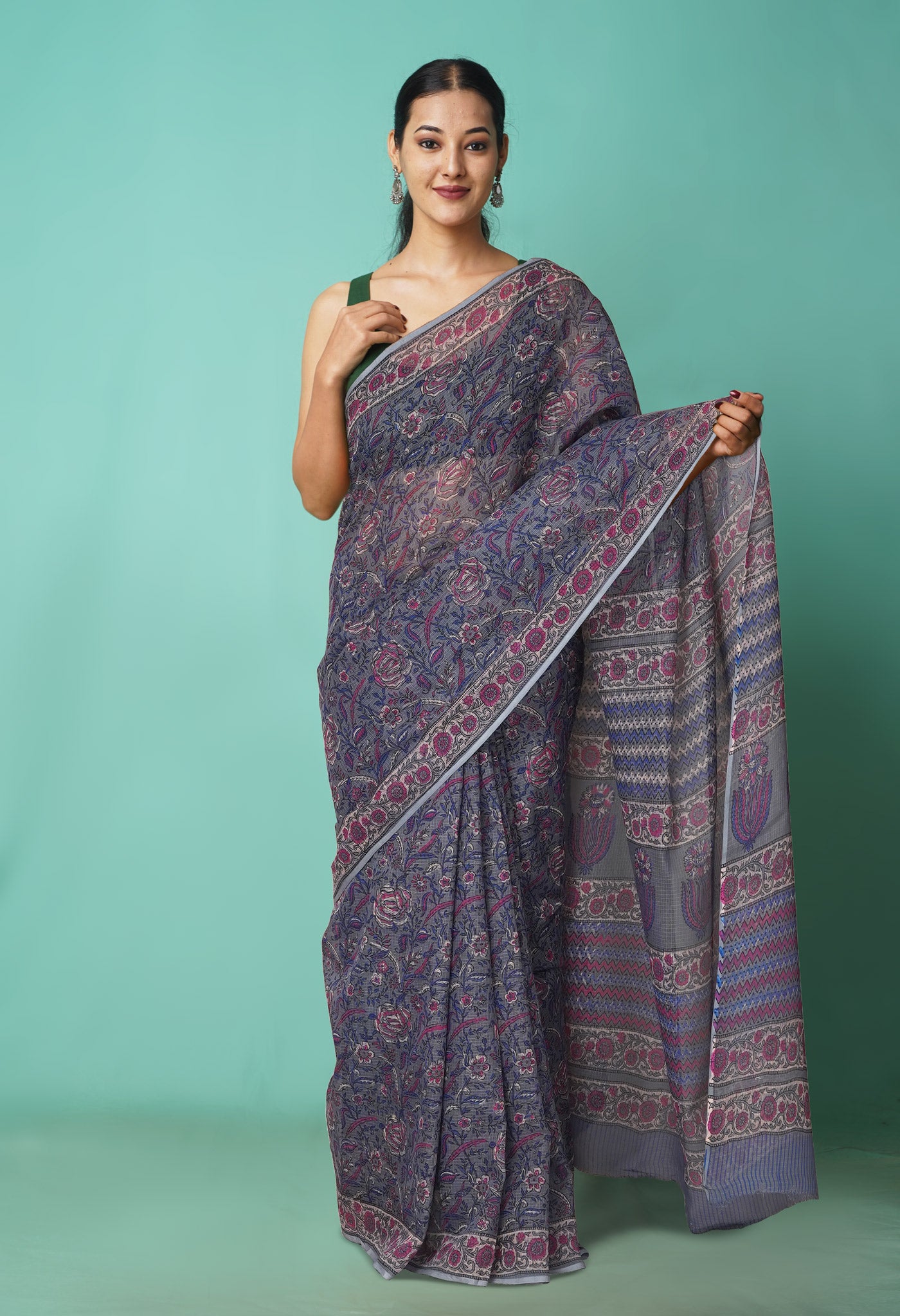 Grey Pure Hand Block Printed Kota Saree-UNM81461