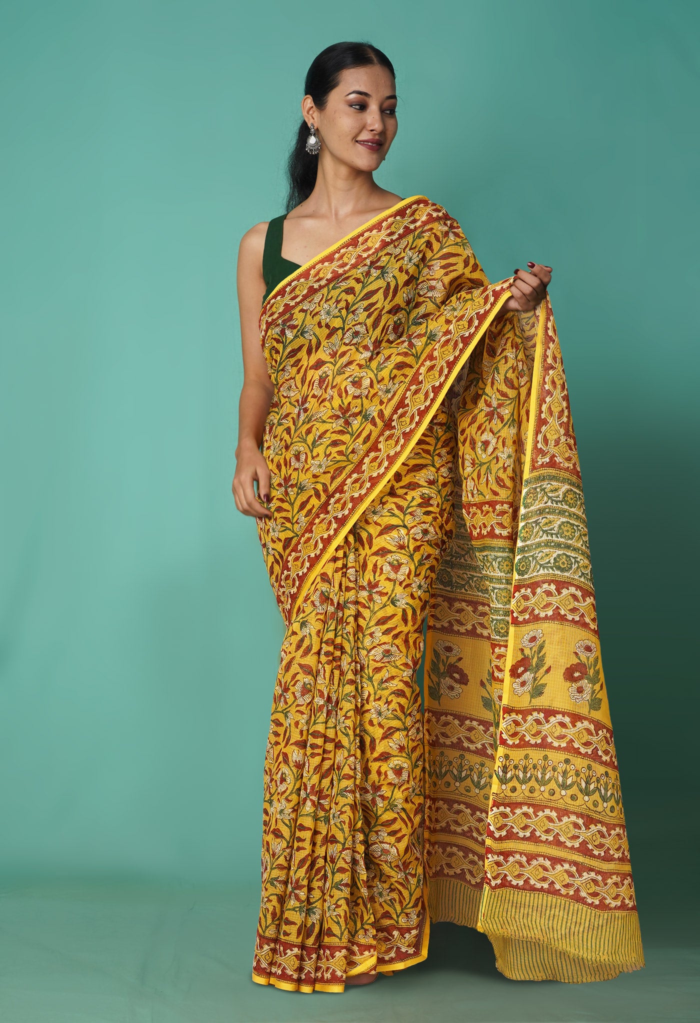 Yellow Pure Hand Block Printed Kota Saree-UNM81462