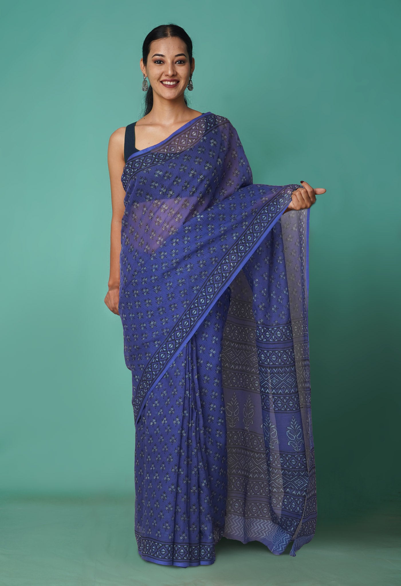 Blue Pure Hand Block Printed Kota Saree-UNM81463