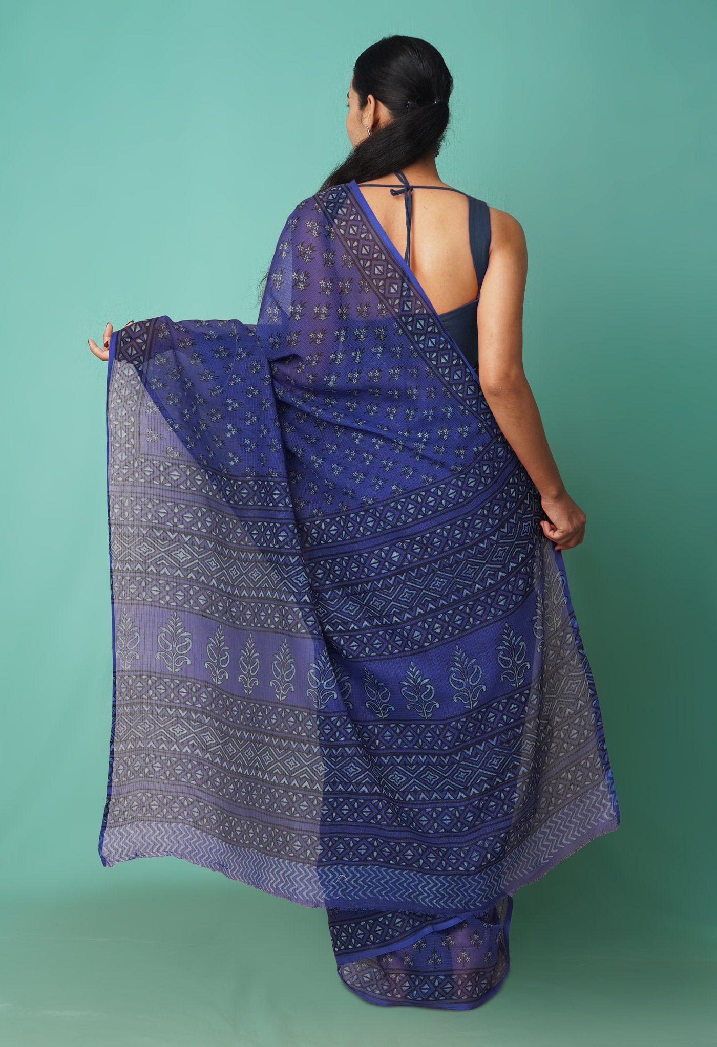 Blue Pure Hand Block Printed Kota Saree-UNM81463