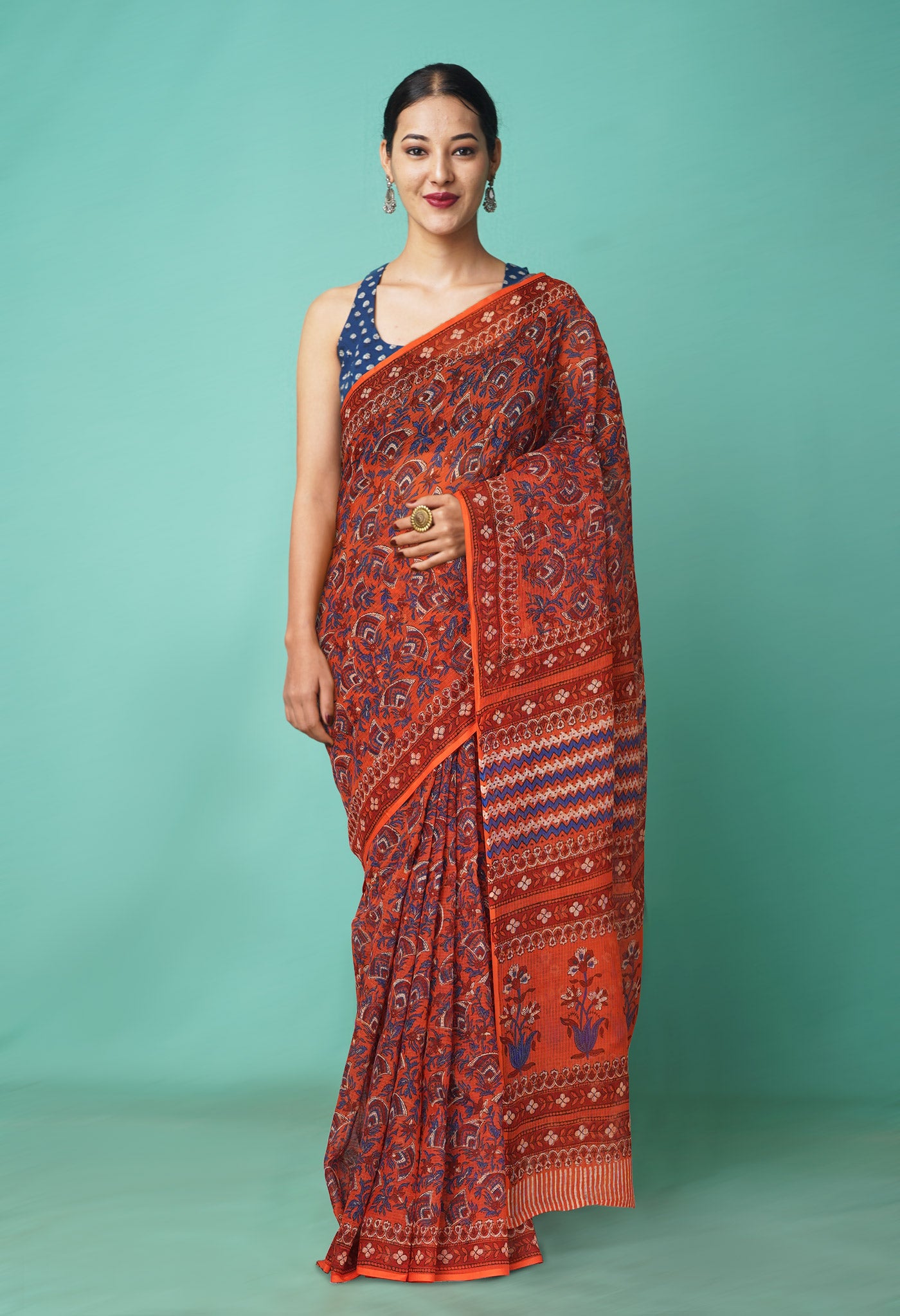 Orange Pure Hand Block Printed Kota Saree-UNM81466