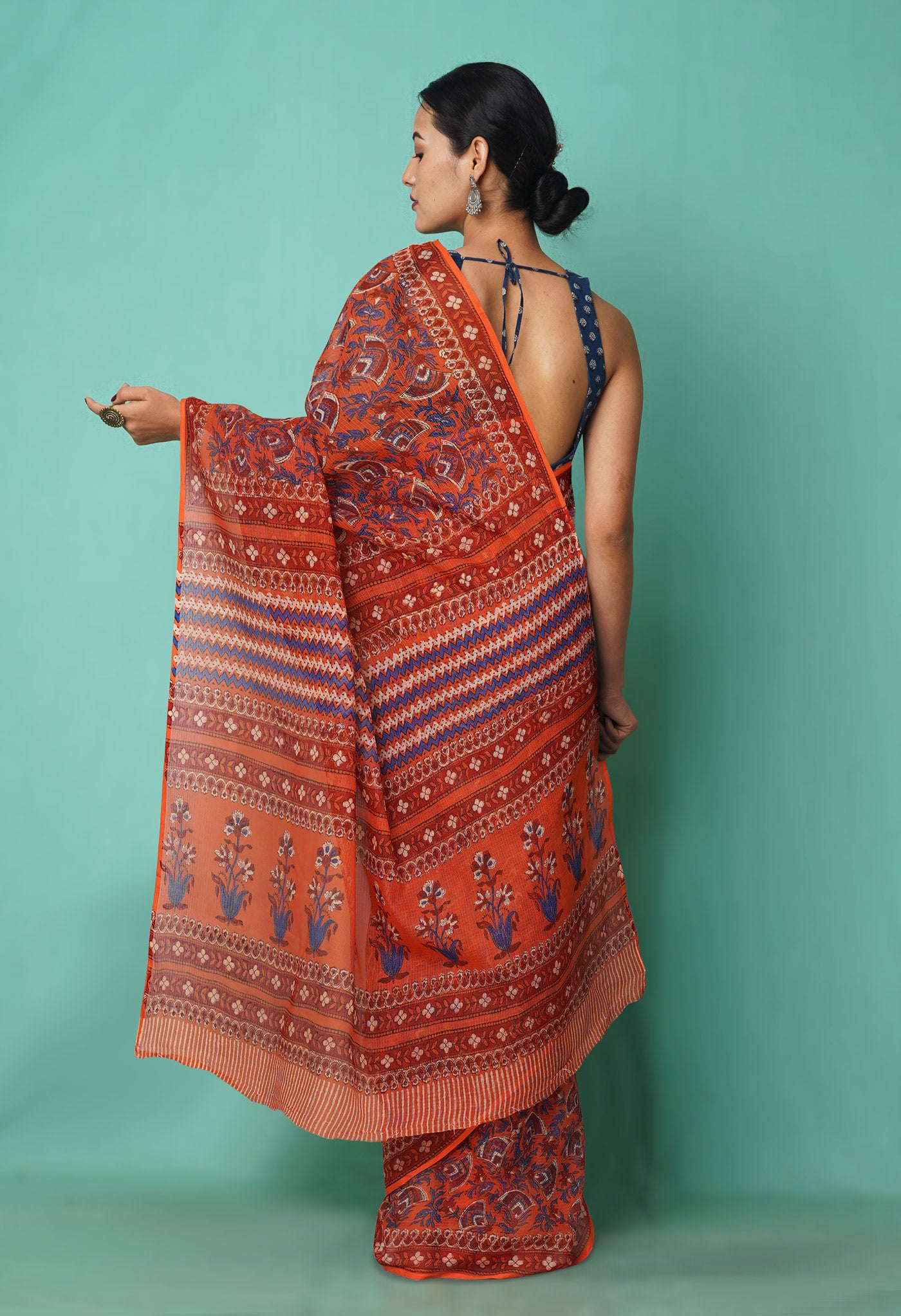 Orange Pure Hand Block Printed Kota Saree-UNM81466