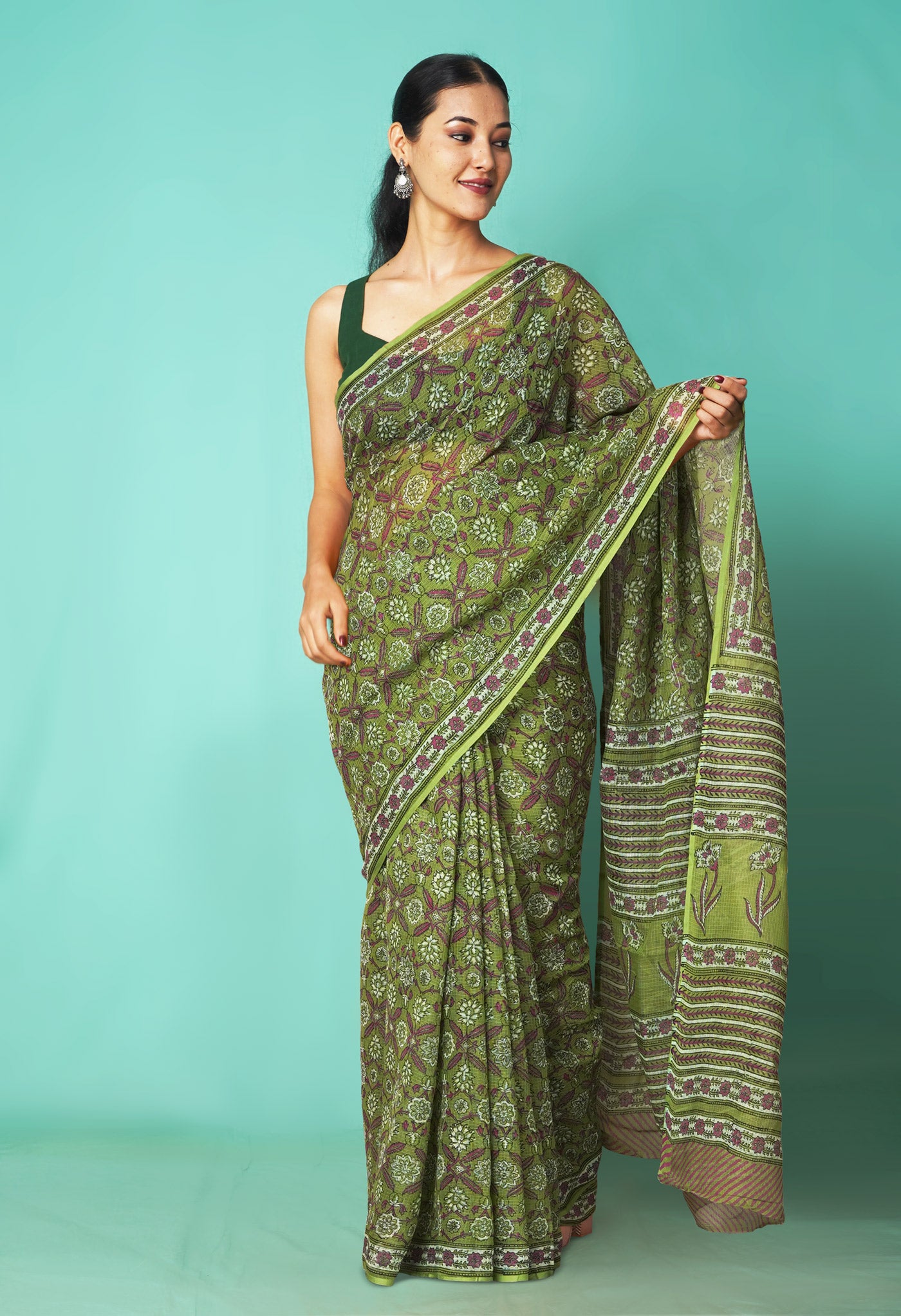 Green Pure Hand Block Printed Kota Saree-UNM81467