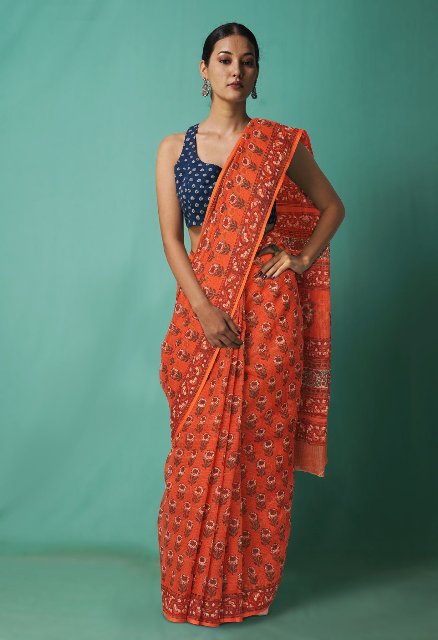 Orange Pure Hand Block Printed Kota Saree-UNM81468