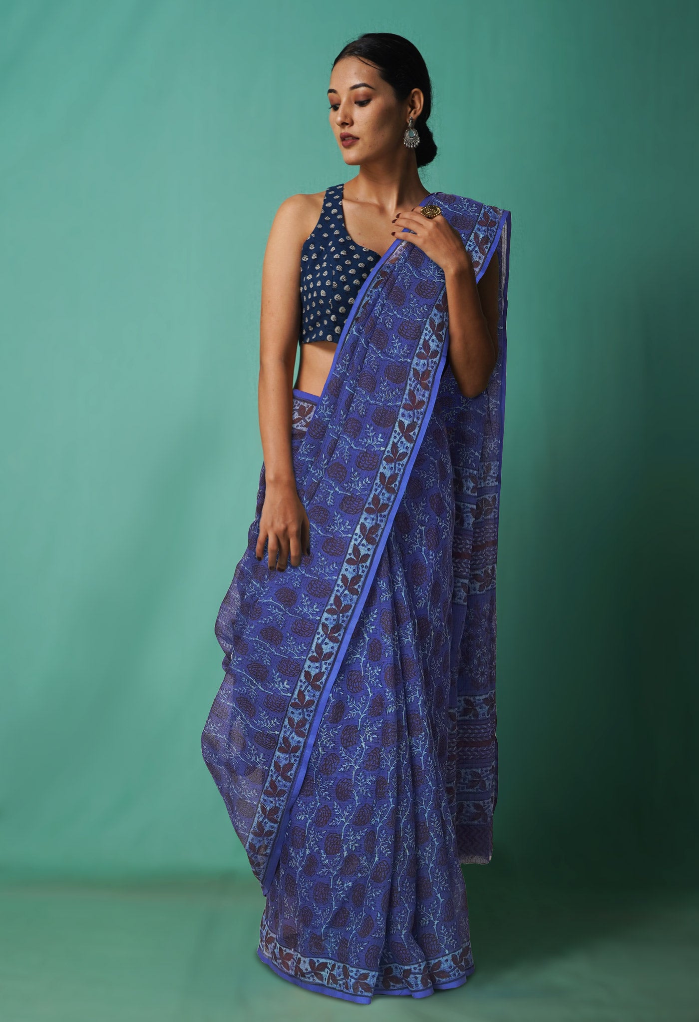 Blue Pure Hand Block Printed Kota Saree-UNM81469