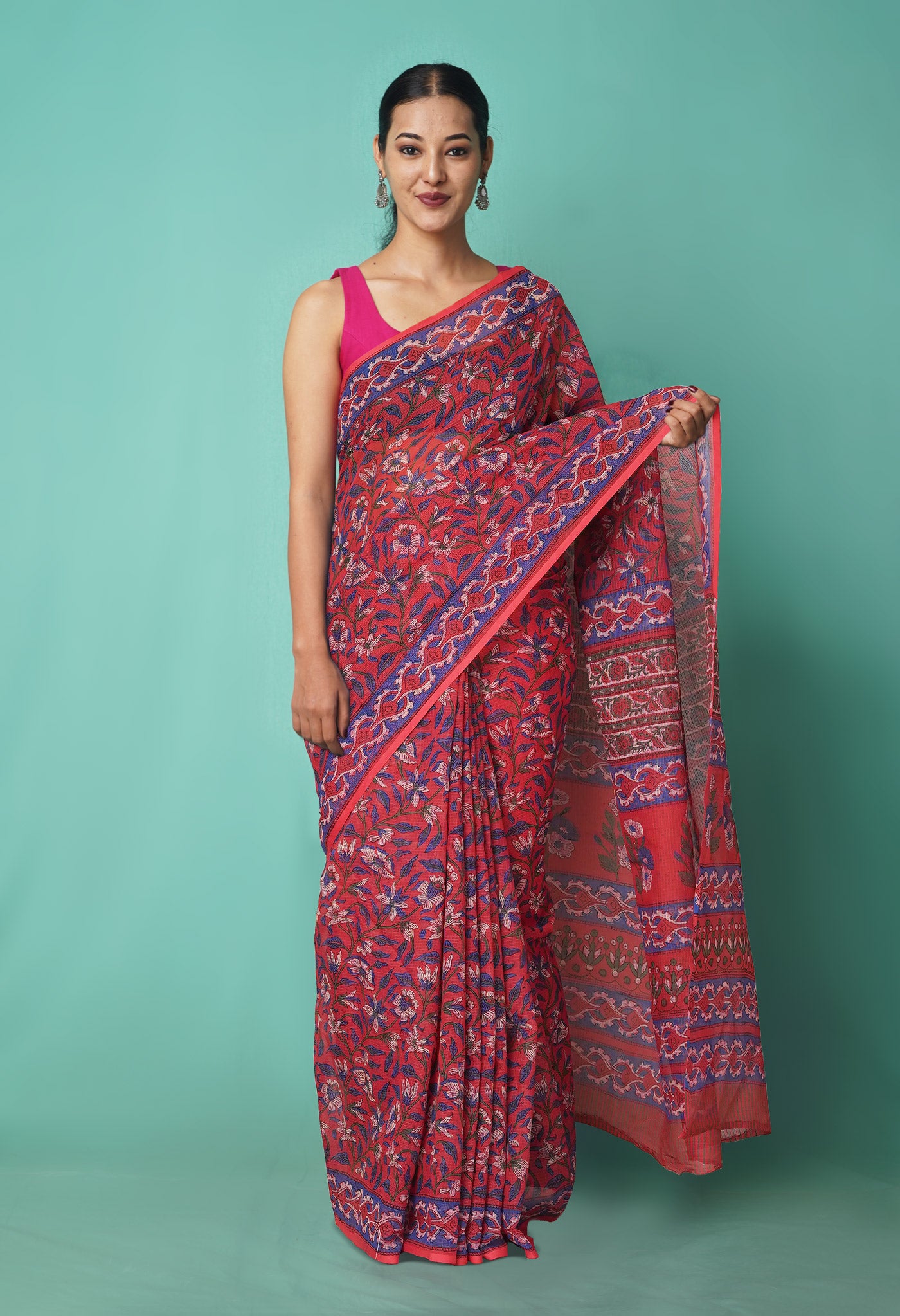 Red Pure Hand Block Printed Kota Saree-UNM81471