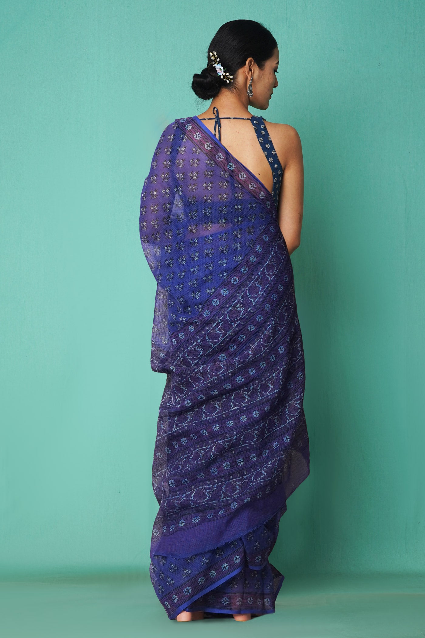 Blue Pure Hand Block Printed Kota Saree-UNM81474