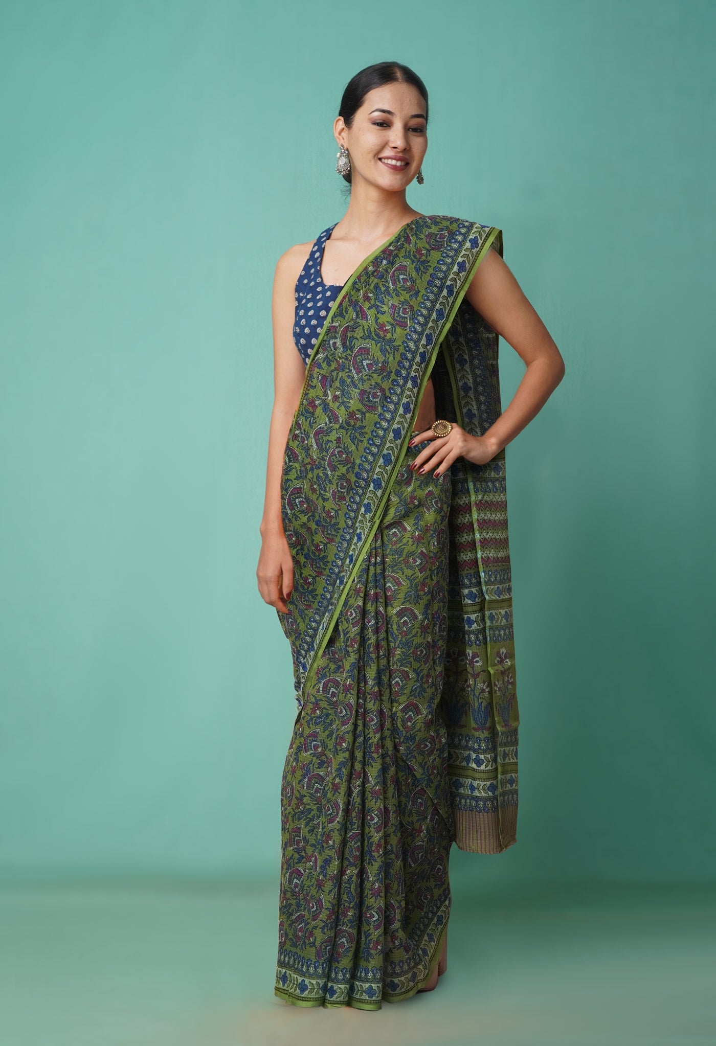 Green Pure Hand Block Printed Kota Saree-UNM81475