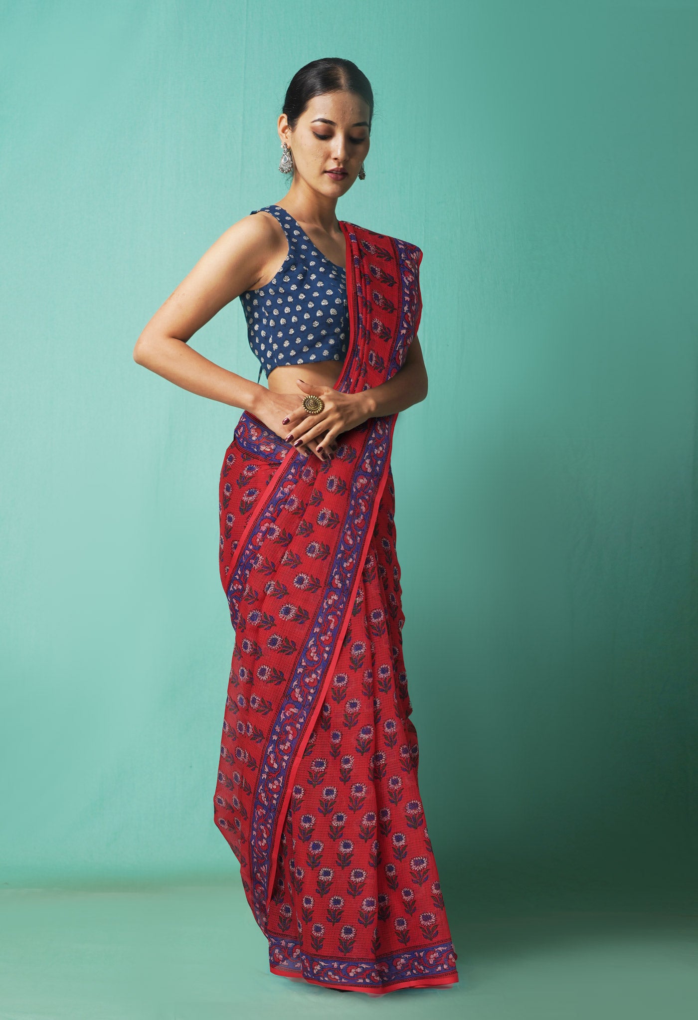 Red Pure Hand Block Printed Kota Saree-UNM81476