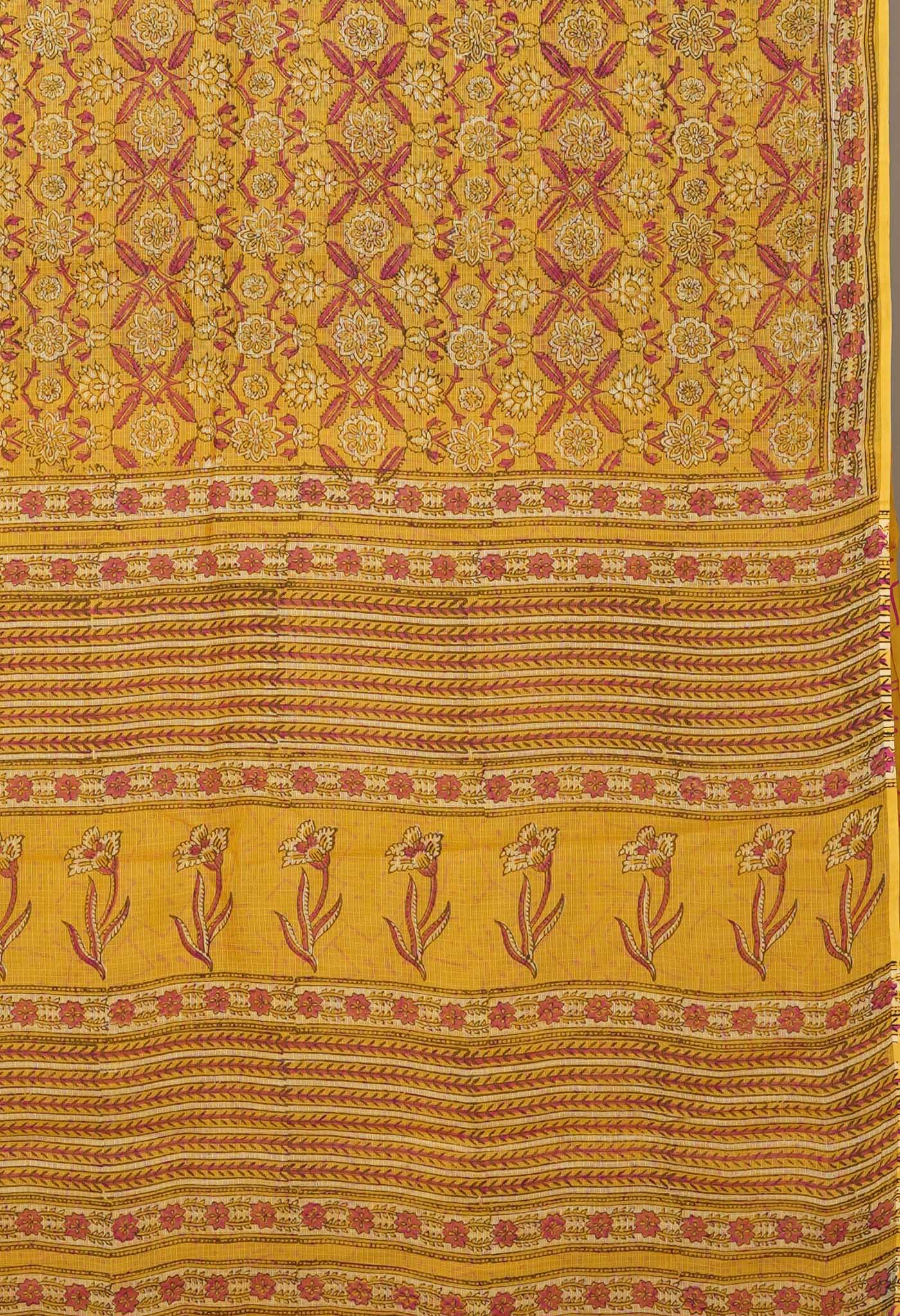 Yellow Pure Hand Block Printed Kota Saree-UNM81479