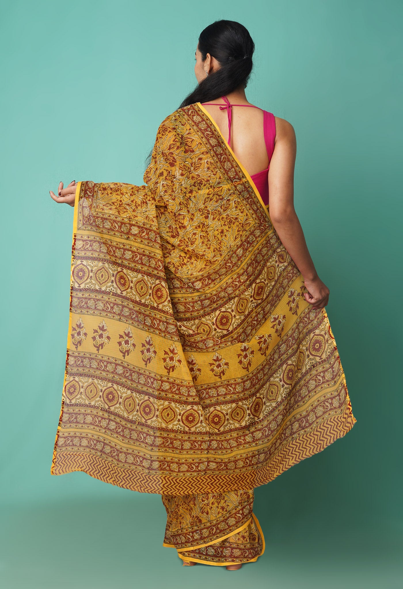 Yellow Pure Hand Block Printed Kota Saree-UNM81480