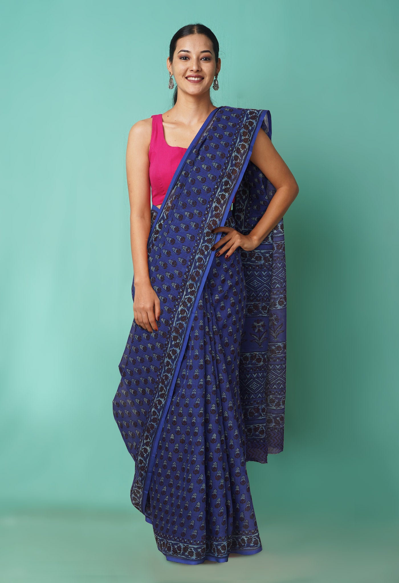 Blue Pure Hand Block Printed Kota Saree-UNM81481